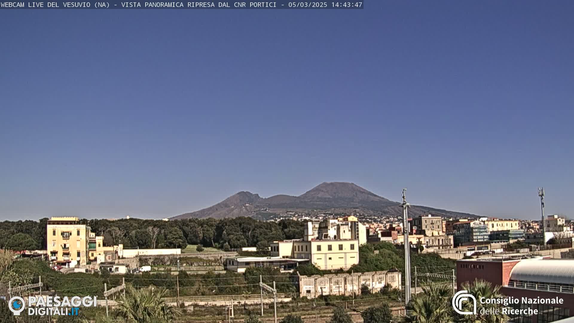 A distant, dark-grey volcano is visible under a clear, bright blue sky above a town with low buildings and greenery.