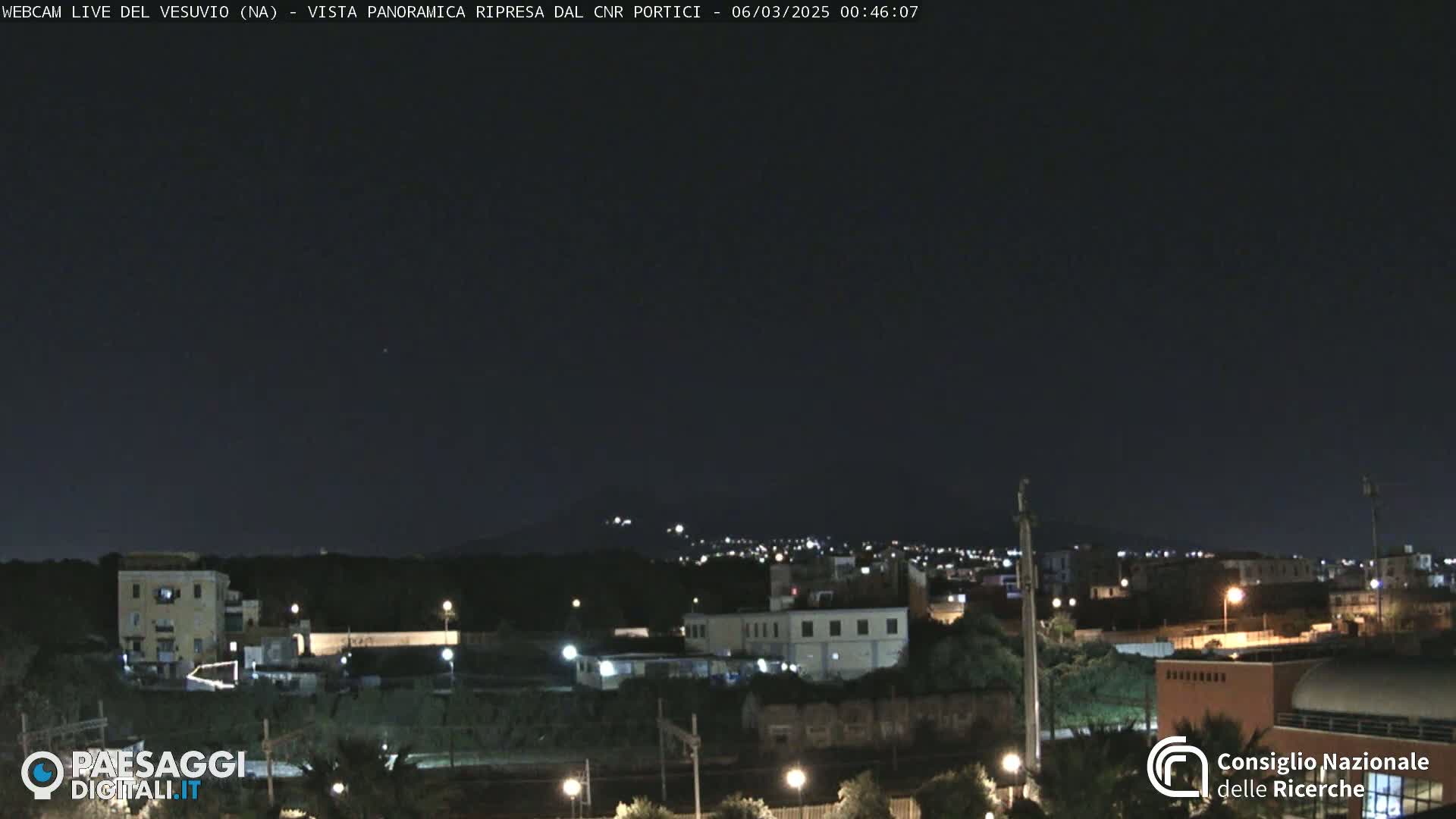 A nighttime view of a town with lights illuminating buildings and streets, a distant mountain range faintly visible in the background under a clear, dark sky.