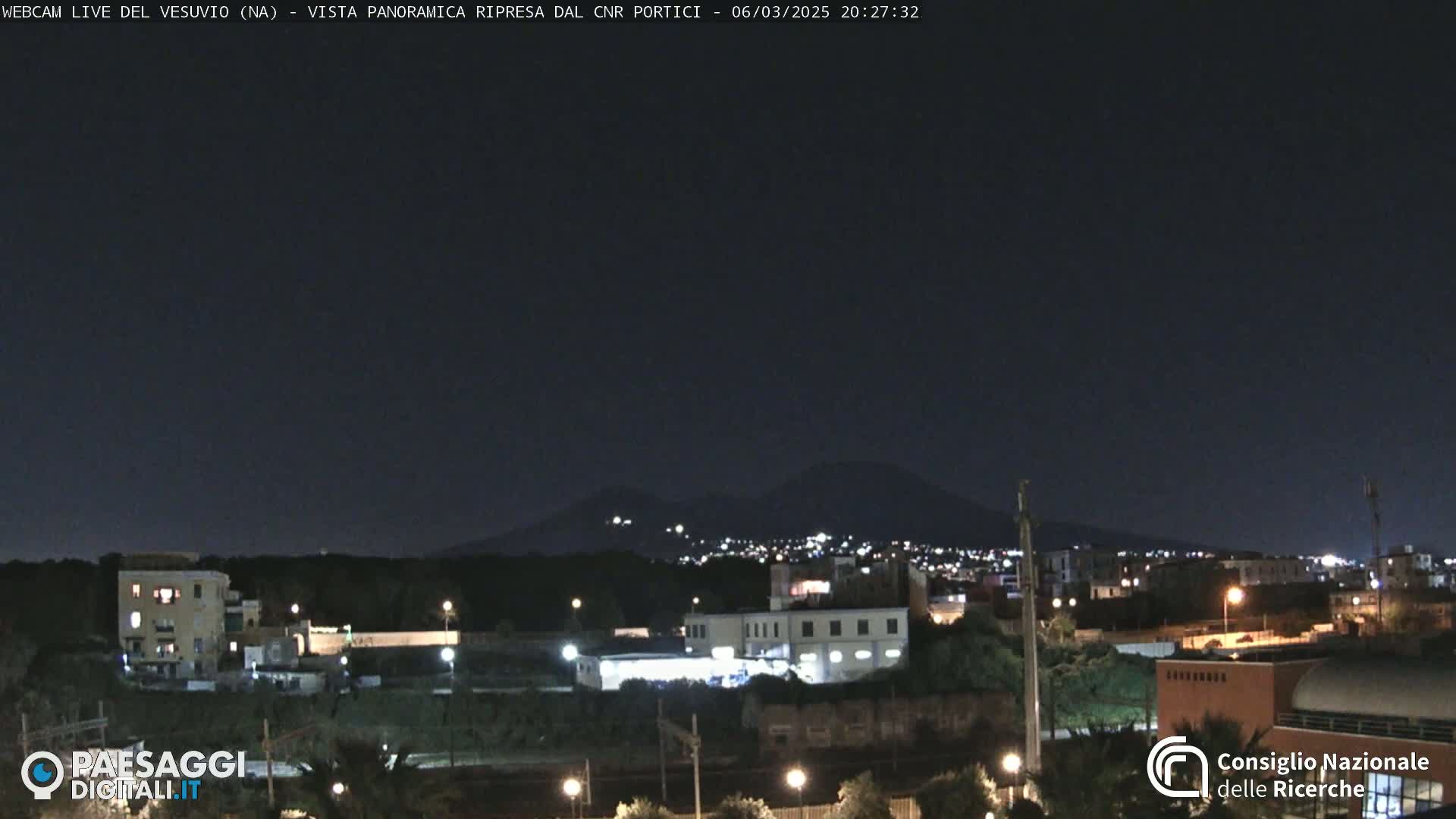 A nighttime, long shot of a city illuminated by lights with a volcano in the background under a clear, dark sky.