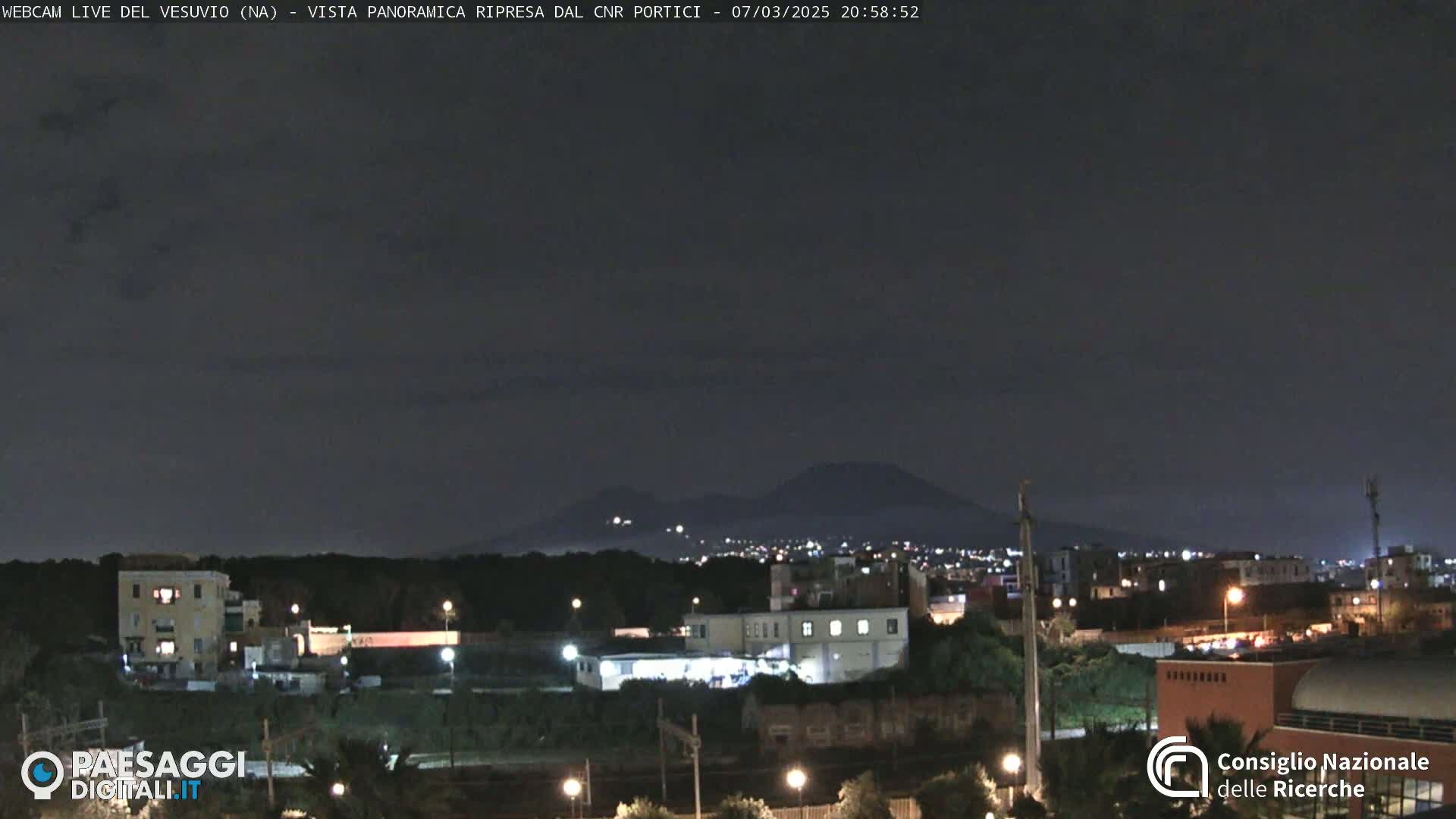 A nighttime view of a city with a volcano in the distance under a dark, clear sky.