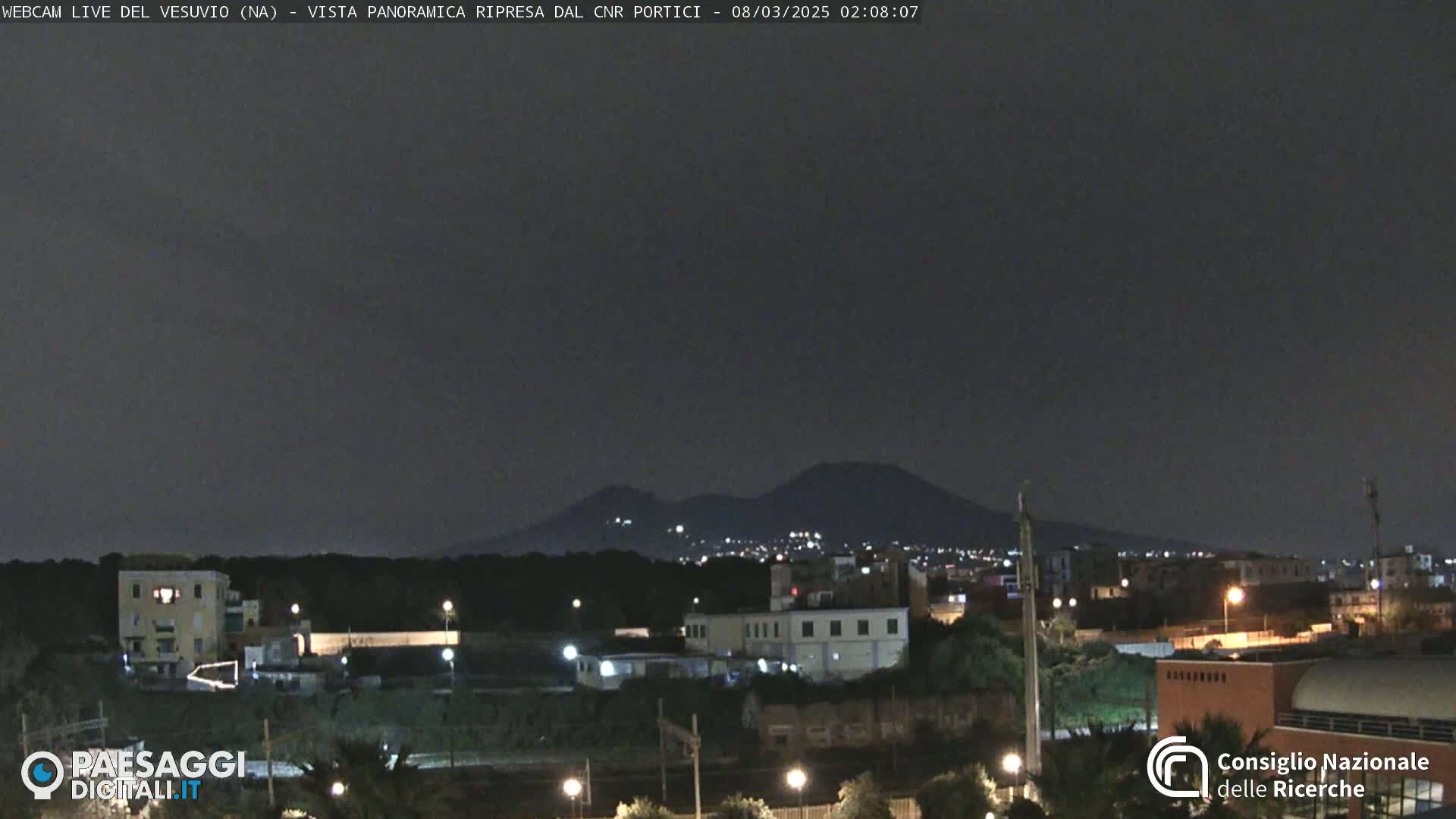 A nighttime view of a city with a volcano in the distance under a dark, clear sky.
