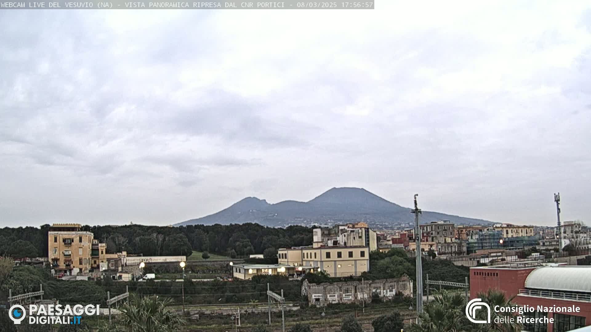 A view of Mount Vesuvius in the distance, under a mostly cloudy sky, with a cityscape and green areas in the foreground.