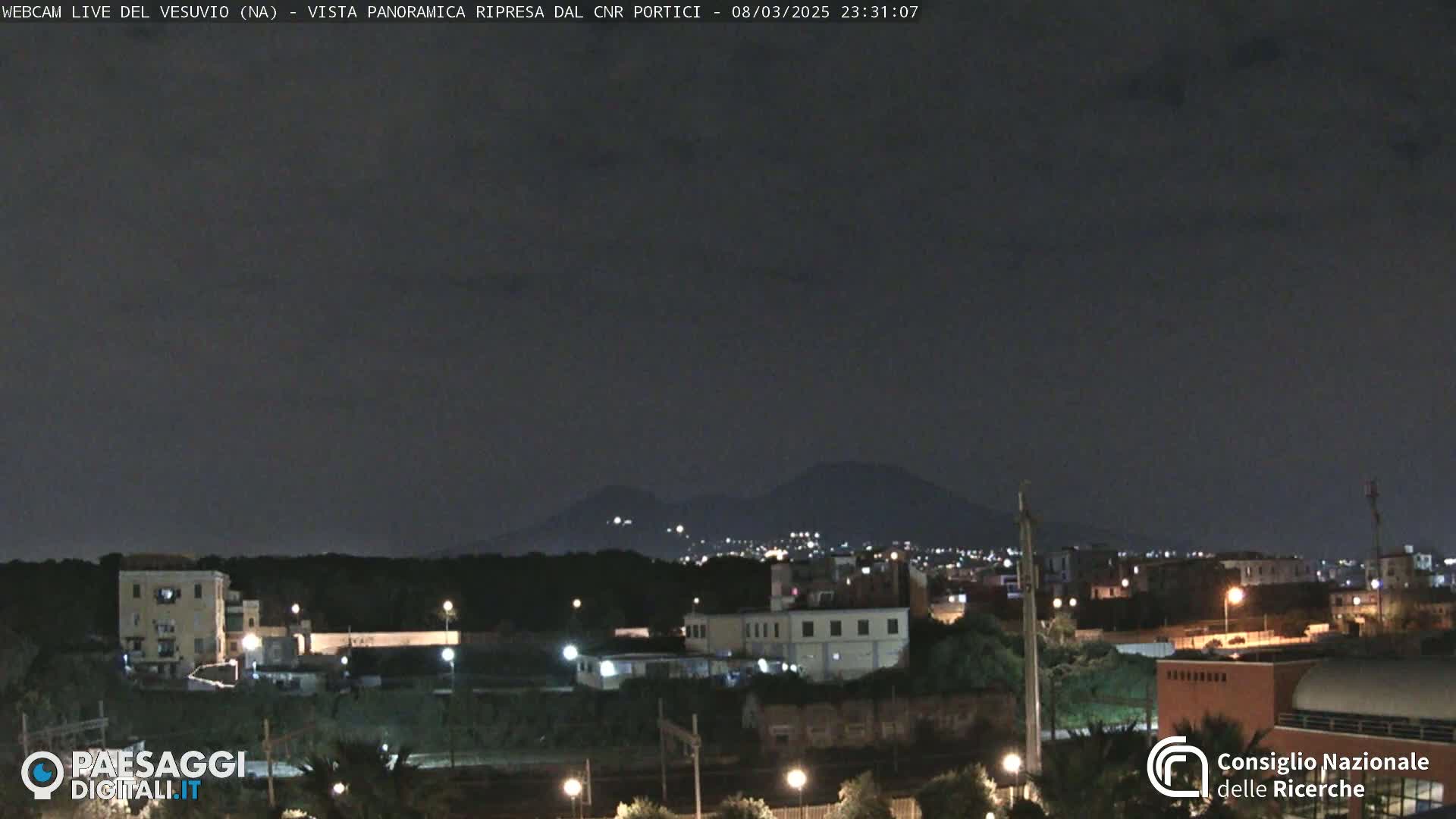 A nighttime view of a city with a mountain range in the distance under a dark sky.