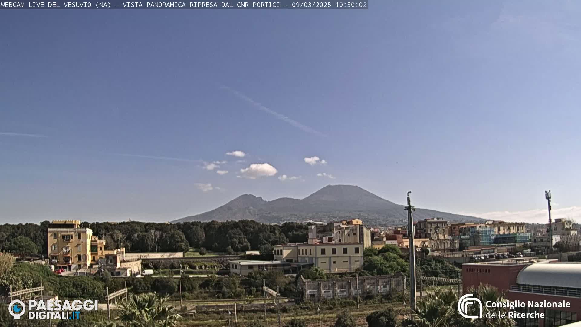 A view of Mount Vesuvius in the distance on a clear, sunny day, with buildings and trees in the foreground.