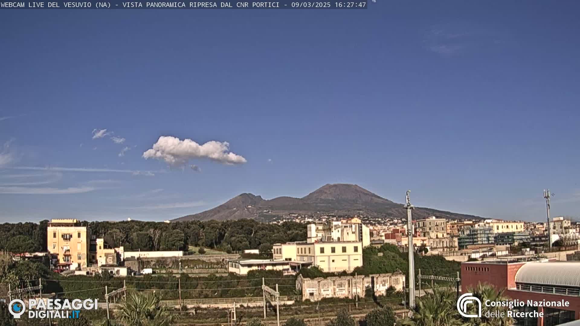 A view of Mount Vesuvius on a clear day with a single cumulus cloud in the sky, overlooking a town with buildings and greenery.