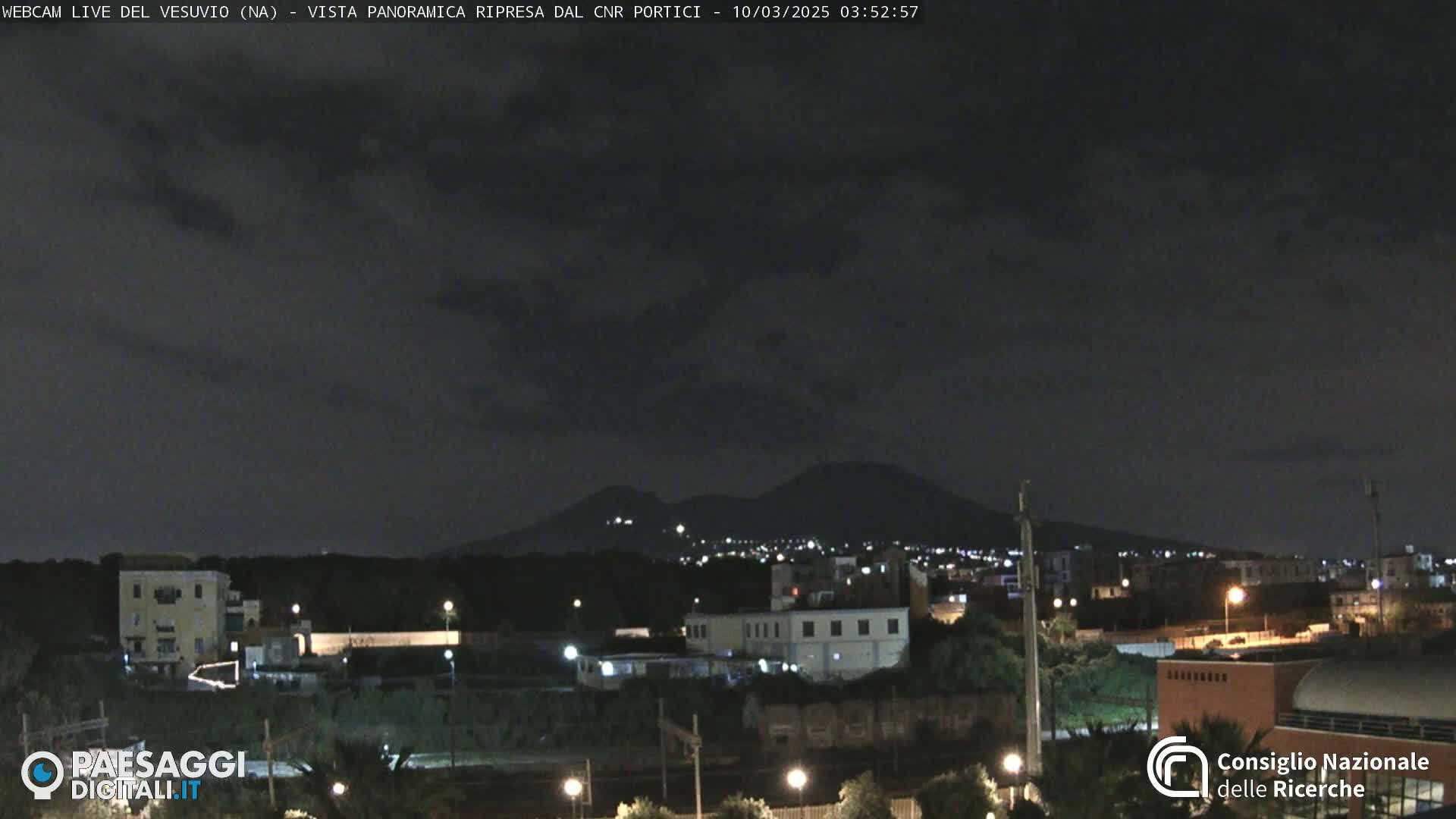 A nighttime view of a city with a distant, dark mountain range under a mostly clear sky.