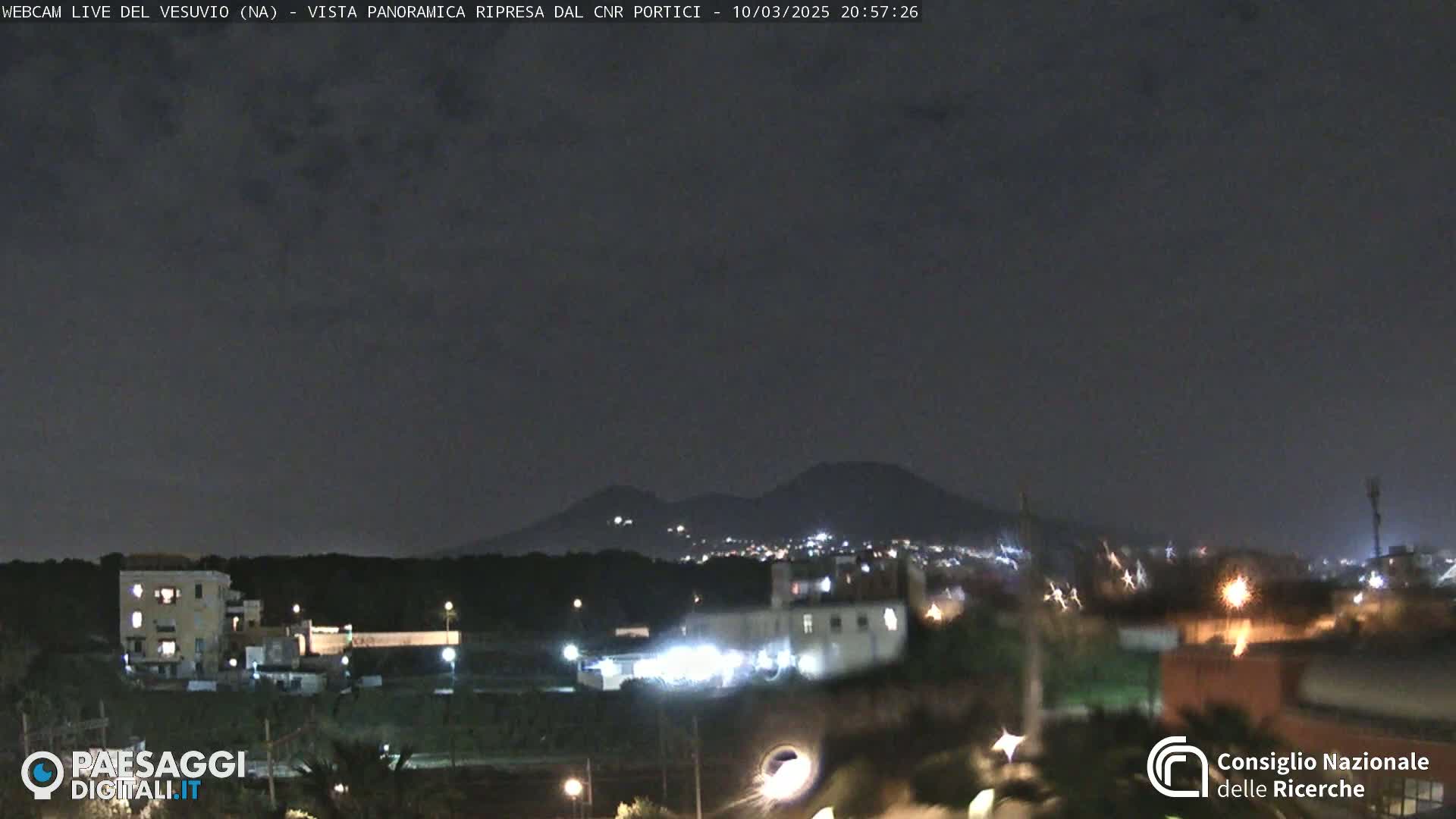A nighttime, long shot of a cityscape with a volcano in the background under a mostly clear, dark sky.