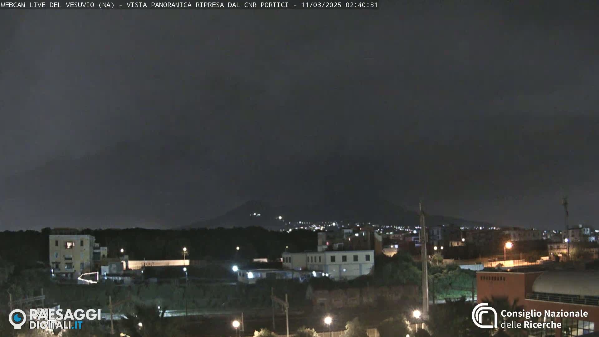 A nighttime, low-light view shows a city with a dark, distant mountain in the background under a cloudy sky.