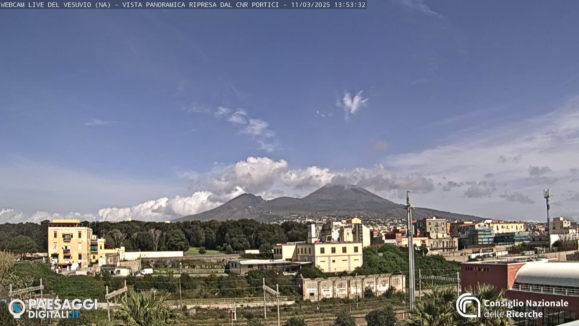 Mount Vesuvius is visible in the distance on a partly cloudy day, with buildings and trees in the foreground.