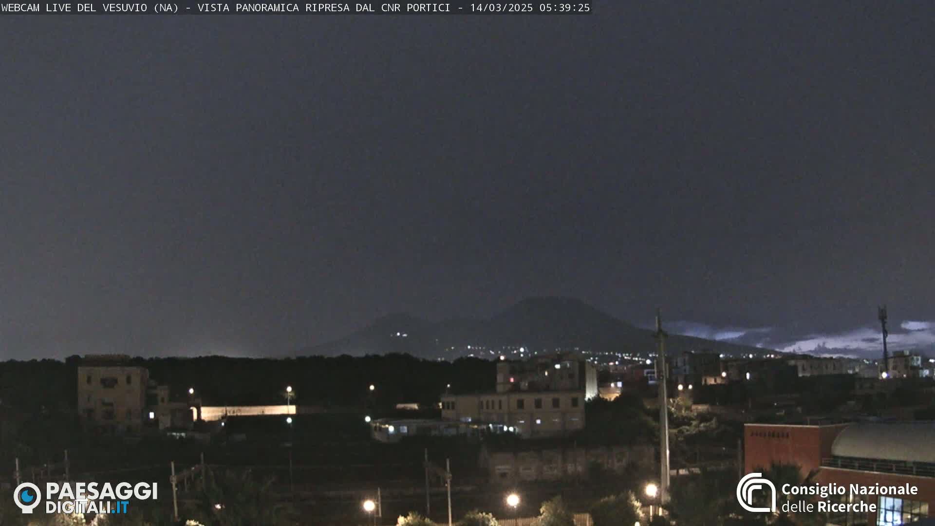 A nighttime view of a city with a volcano in the distance under a dark, cloudy sky.