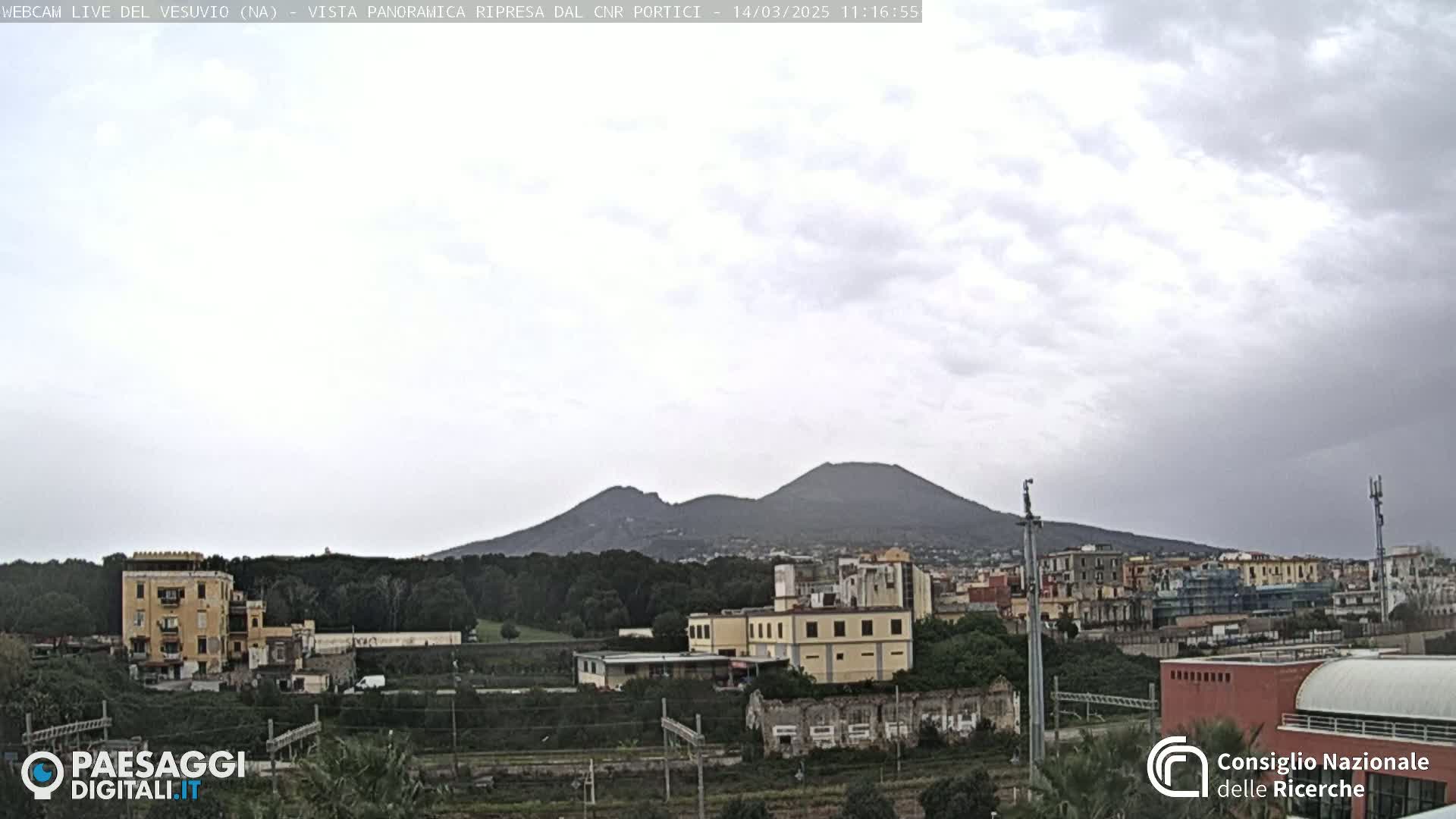 A view of Mount Vesuvius on an overcast day, with buildings and vegetation in the foreground.