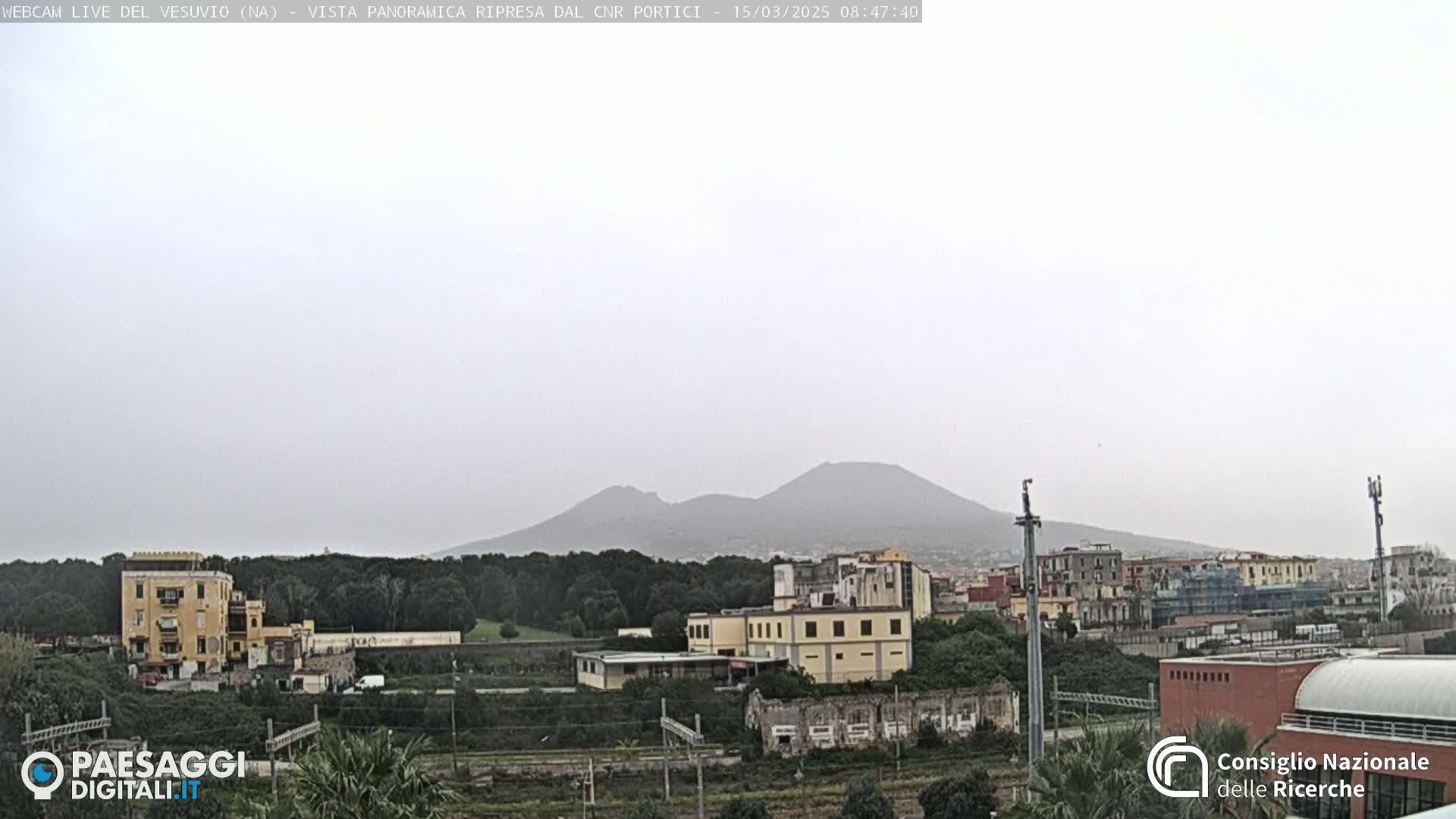 A hazy view of Mount Vesuvius in the distance, overlooking a residential area with buildings and train tracks.