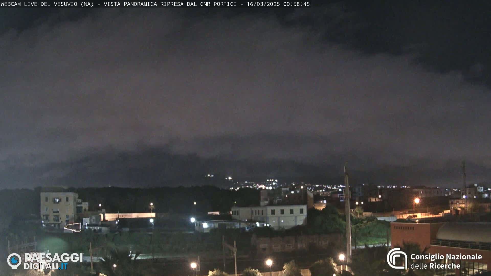 A nighttime, slightly overcast view of a city landscape with dimly lit buildings and distant hills under a dark sky.