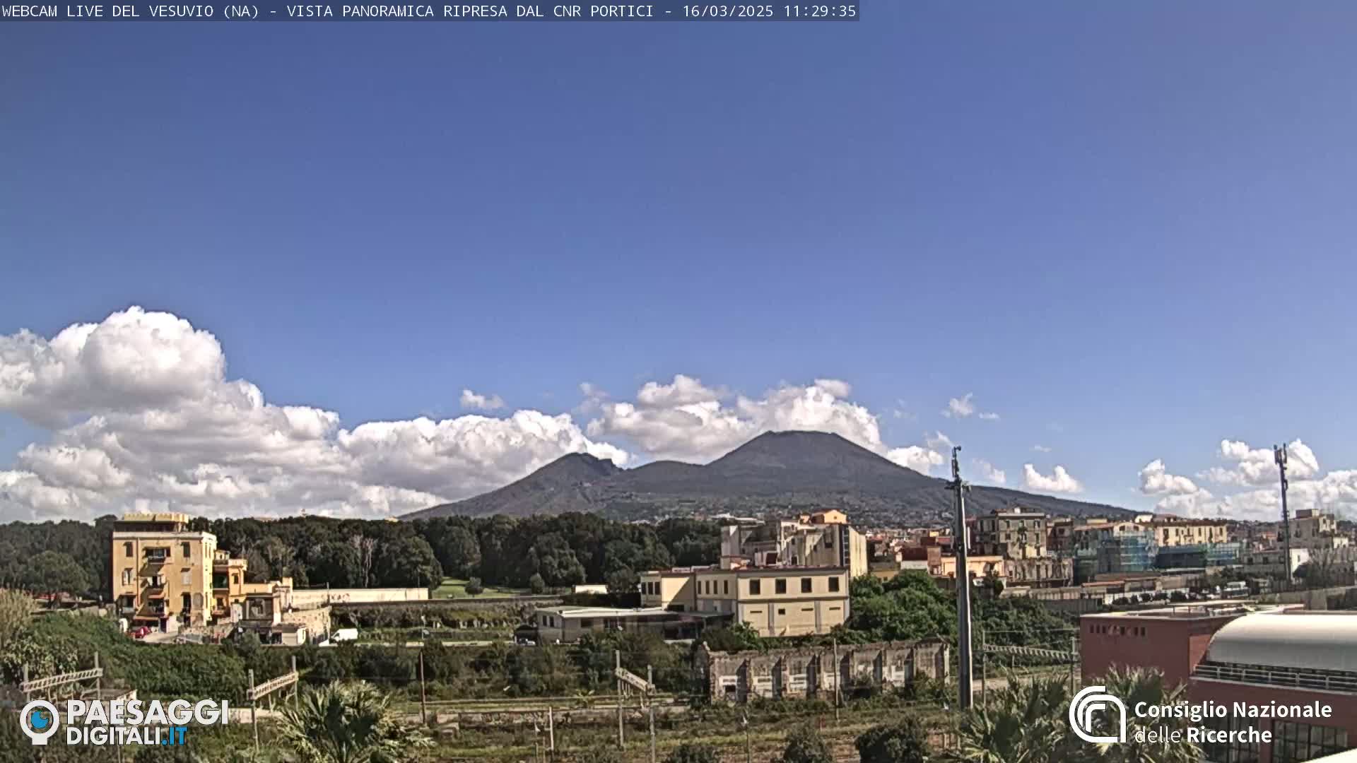 A view of Mount Vesuvius on a partly cloudy day, with buildings and trees in the foreground.