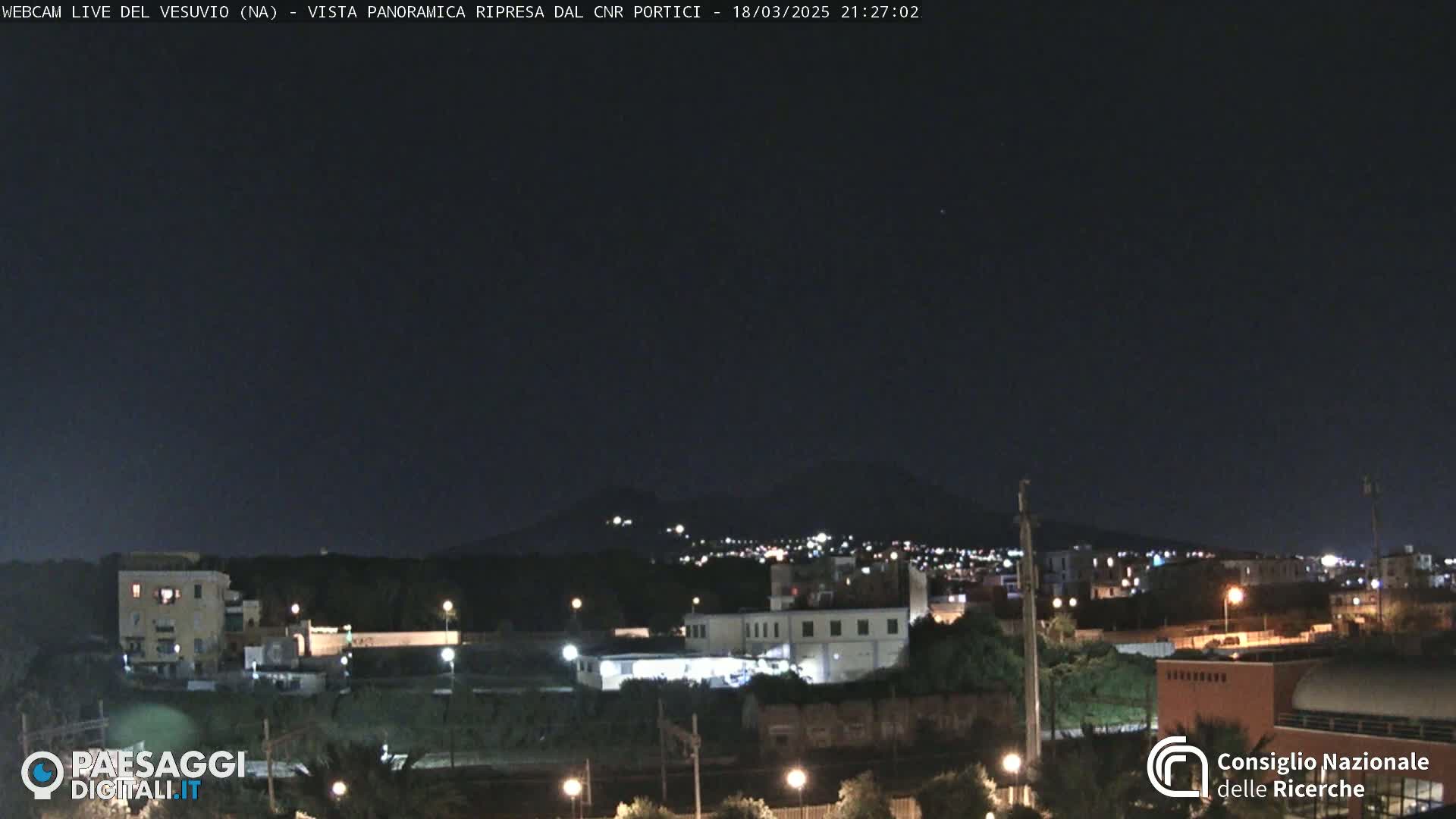 A nighttime, long shot of a city with a volcano in the distance under a clear, dark sky.