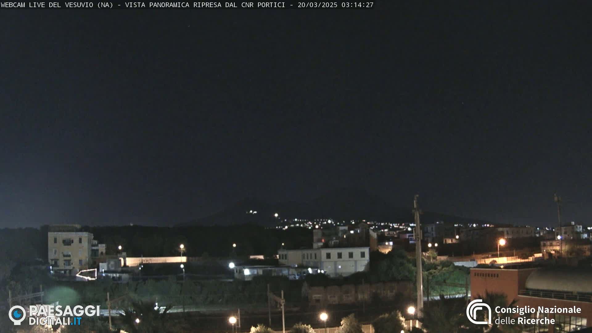 A nighttime view of a town illuminated by streetlights, with a dark mountain range faintly visible in the distance under a clear, dark sky.