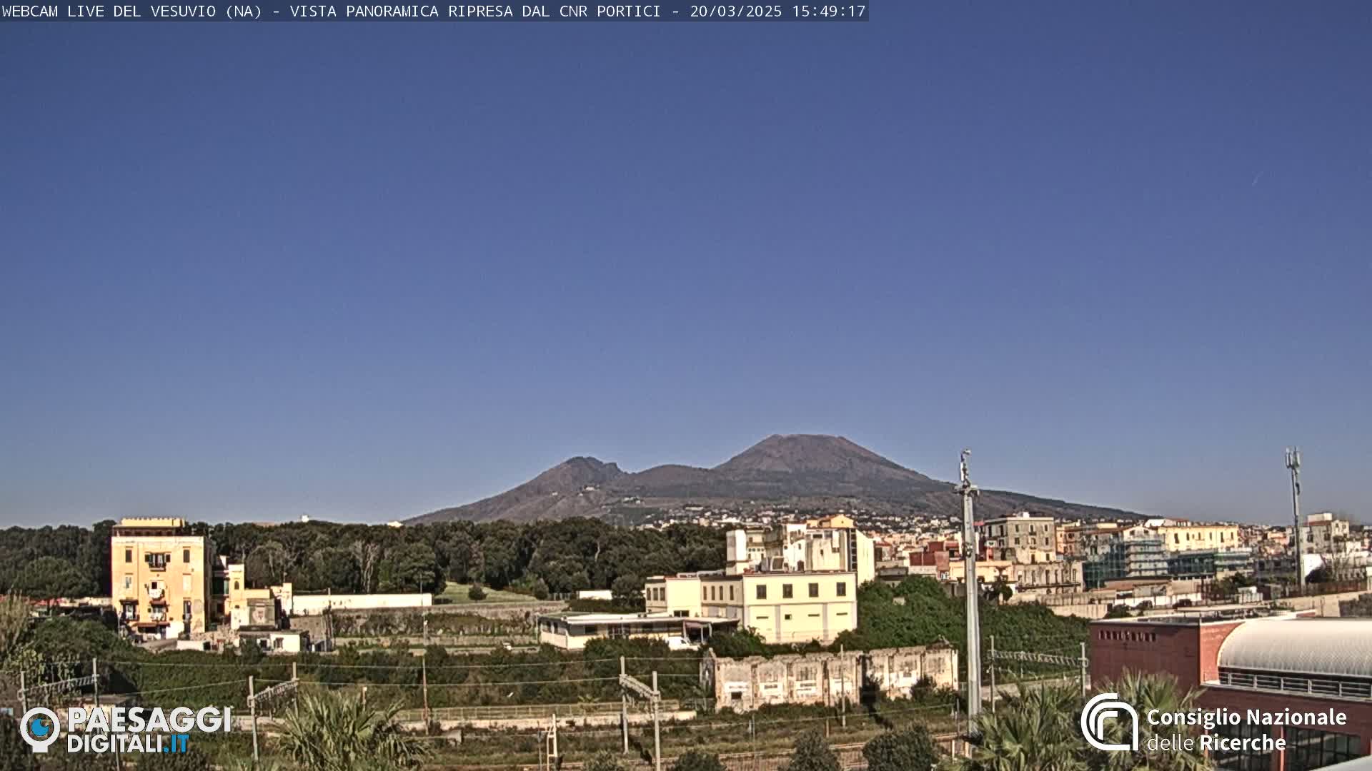 A distant, partially visible Mount Vesuvius is seen under a clear, bright blue sky over a landscape of buildings, trees, and railway tracks.