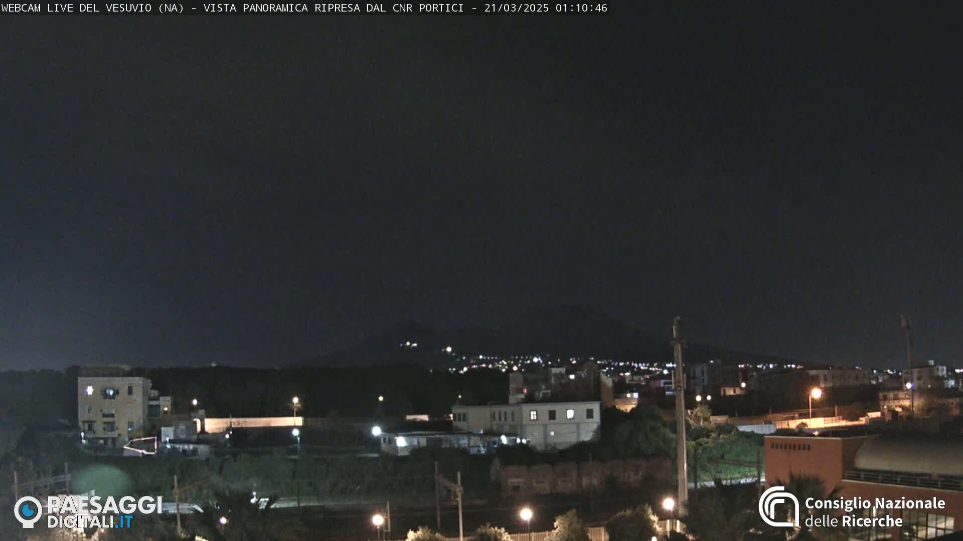 A nighttime long shot of a town with dimly lit buildings, a dark sky, and distant, faintly lit hills in the background.