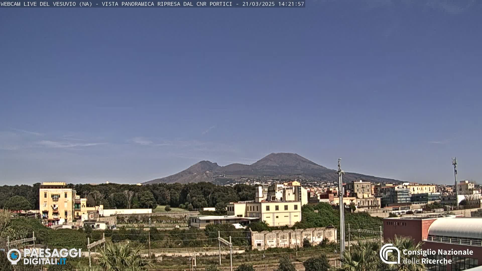 A distant view of Mount Vesuvius under a clear blue sky, overlooking a town with buildings and vegetation.