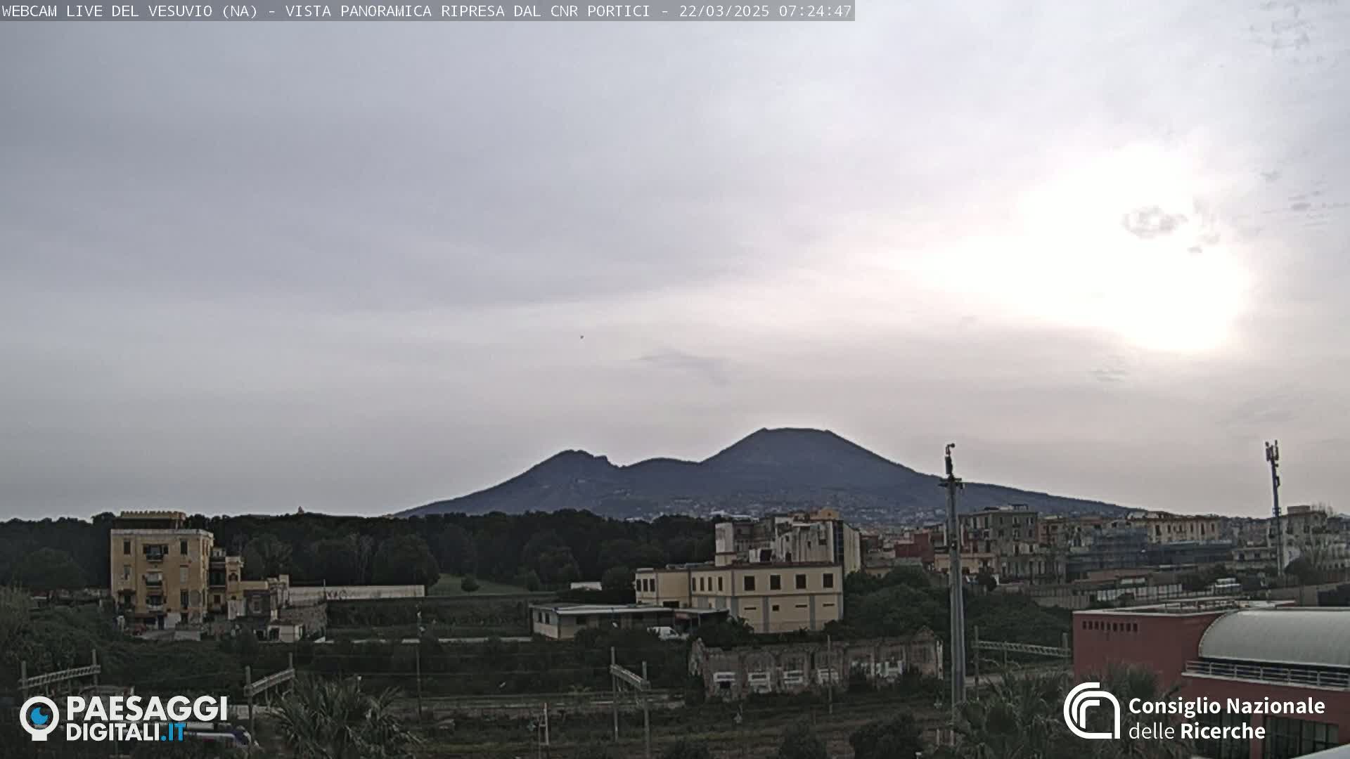 Mount Vesuvius is visible in the distance under a mostly cloudy sky, with buildings and trees in the foreground.