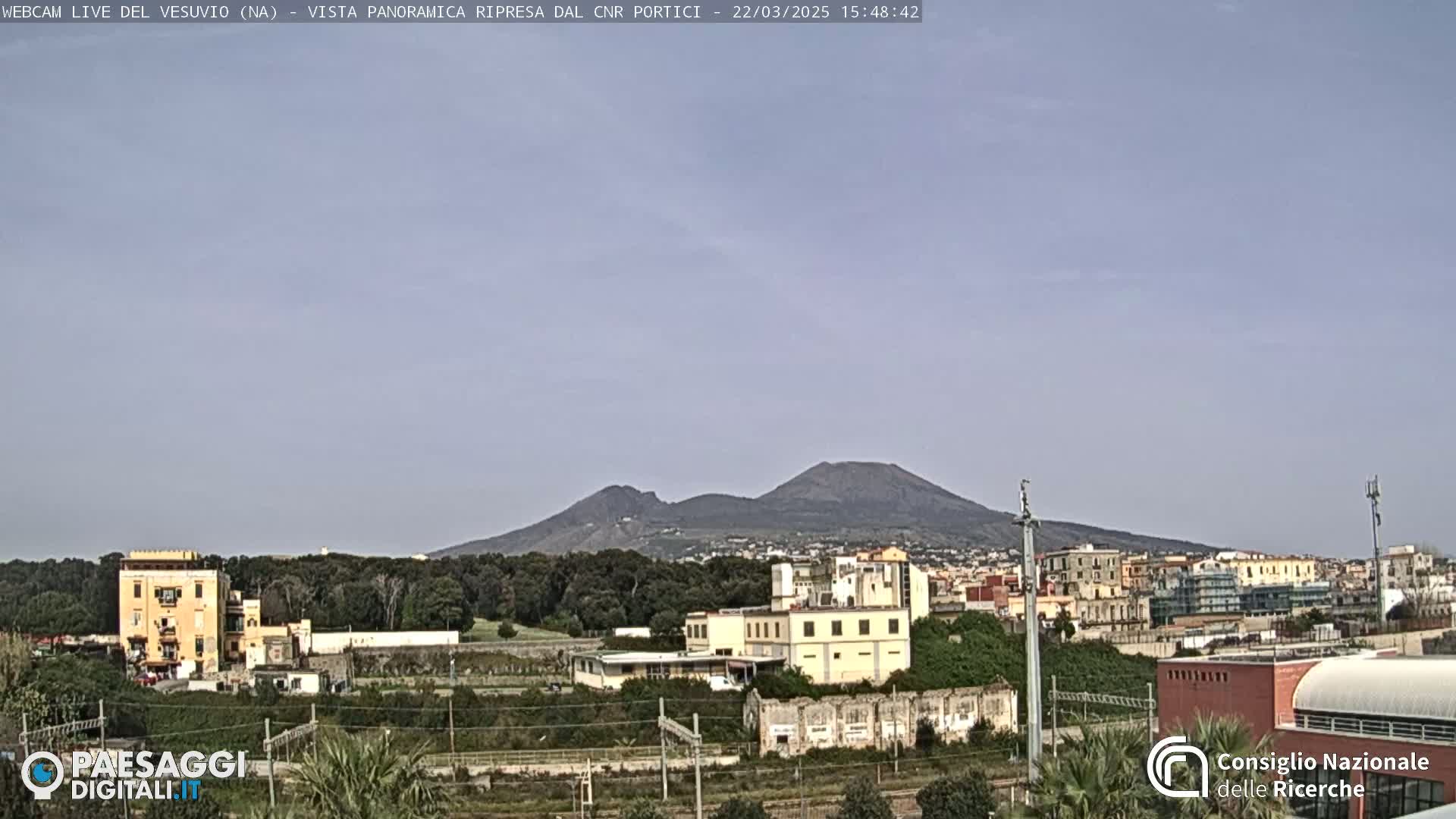 A distant view of Mount Vesuvius under a clear, light-blue sky, overlooking a town with buildings and greenery in the foreground.
