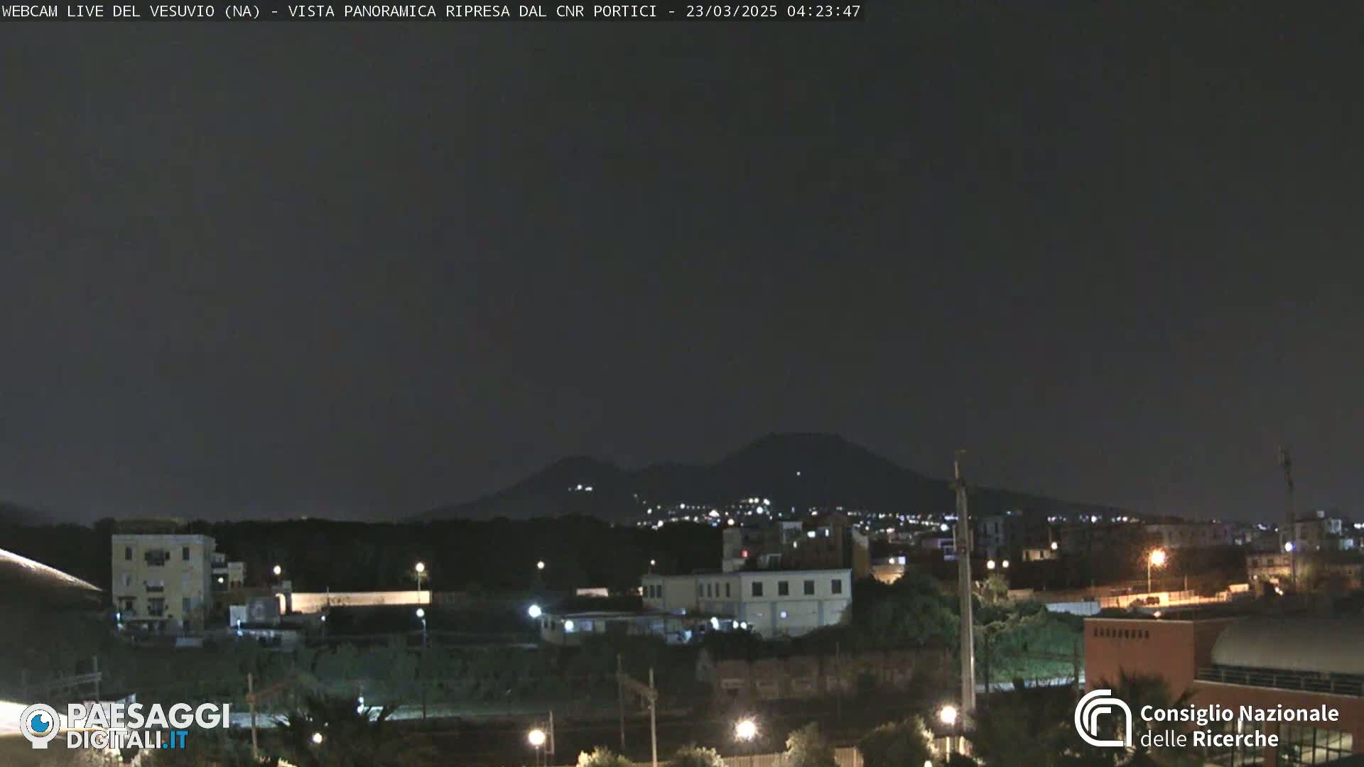 A nighttime view of a city with a volcano in the distance under a clear, dark sky.
