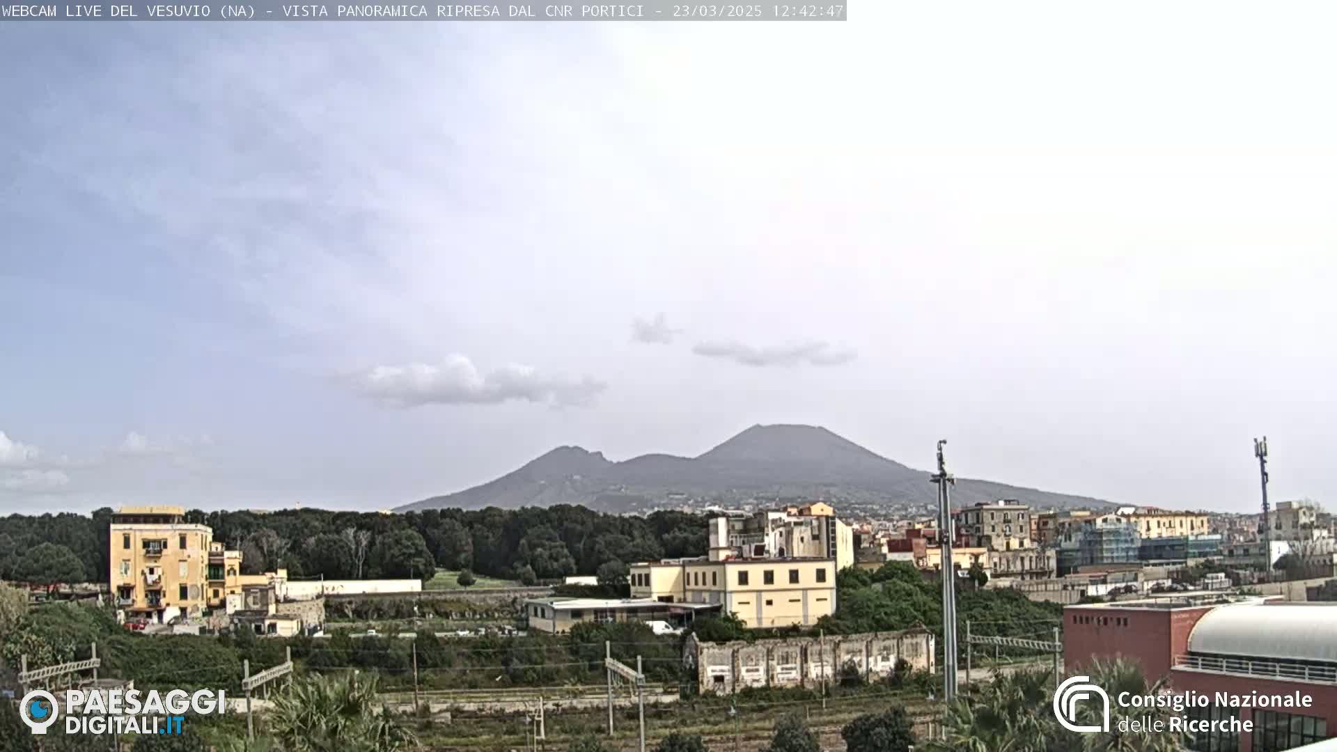 A view of Mount Vesuvius in the distance, under a mostly cloudy sky, with a foreground of buildings and trees.