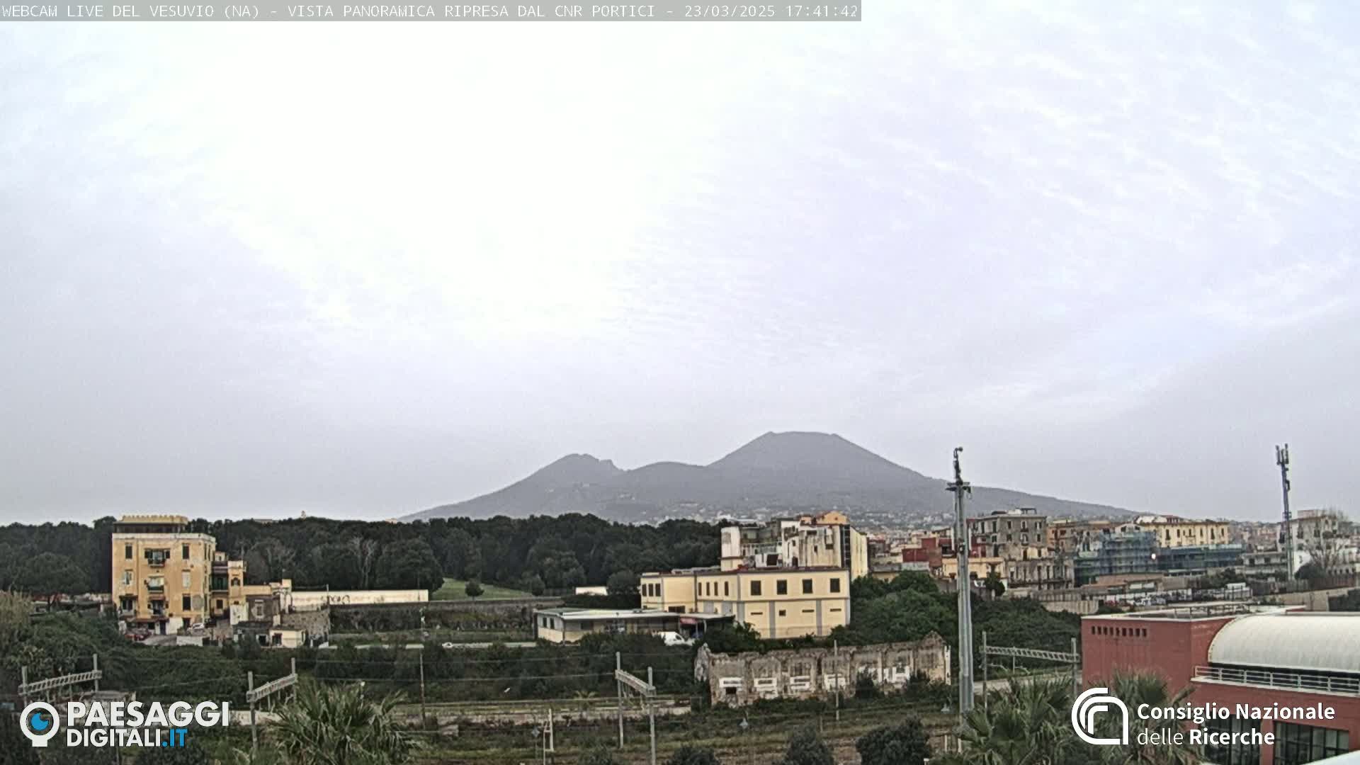 A hazy view of Mount Vesuvius in the distance, overlooking a town with buildings and trees under an overcast sky.