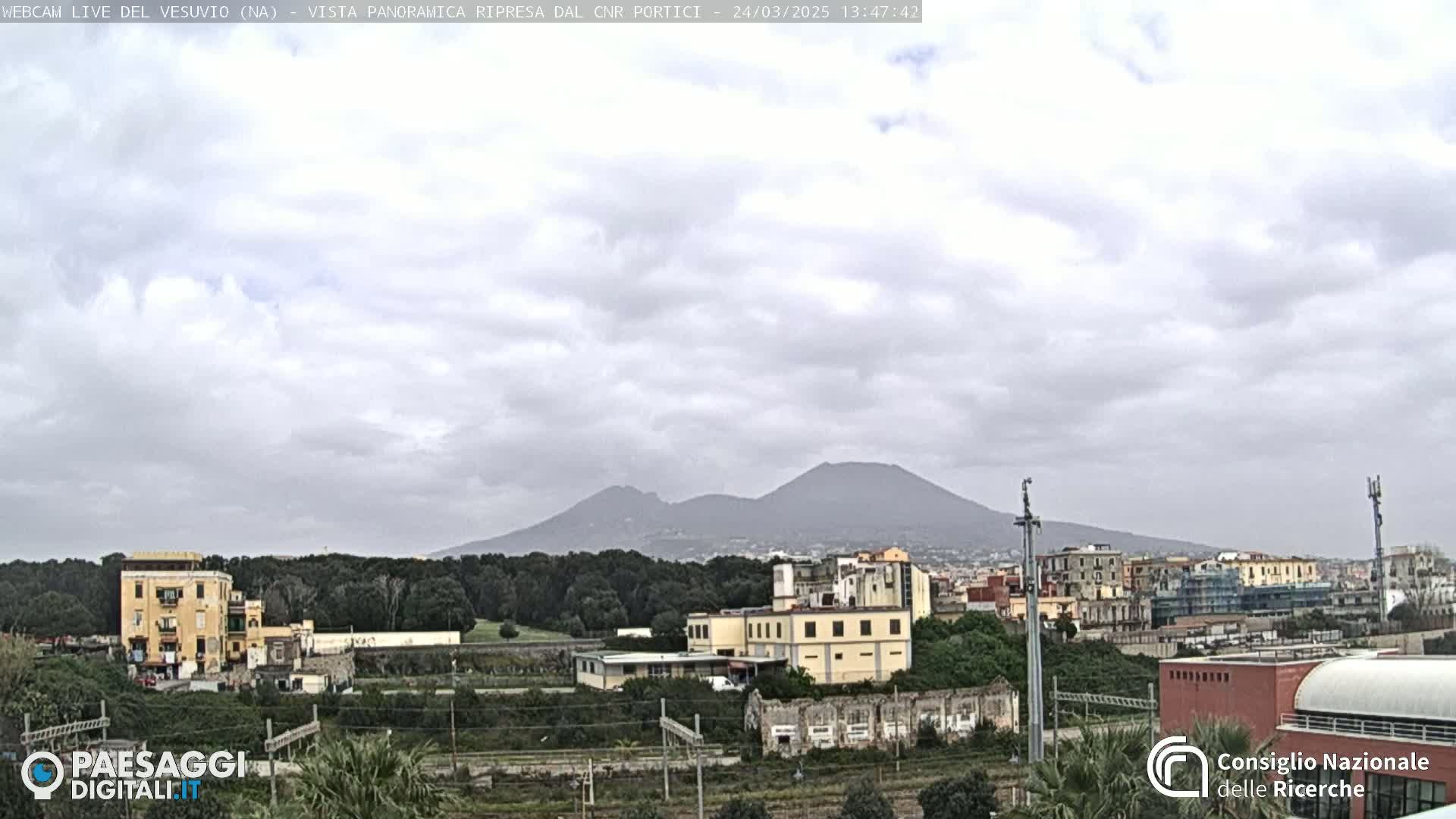 A view of Mount Vesuvius in the distance under a cloudy sky, with a cityscape and greenery in the foreground.