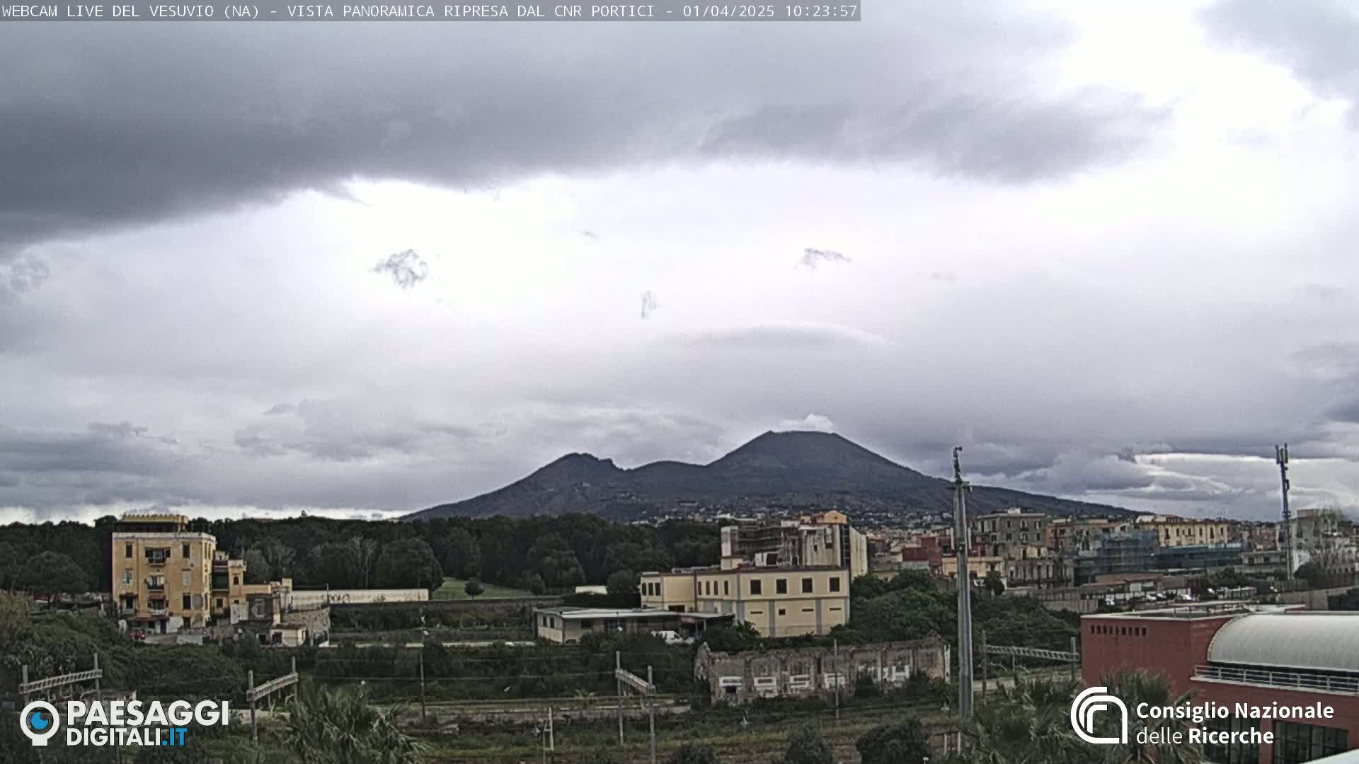 Mount Vesuvius is visible in the distance under a mostly cloudy sky, behind a town with buildings and vegetation.