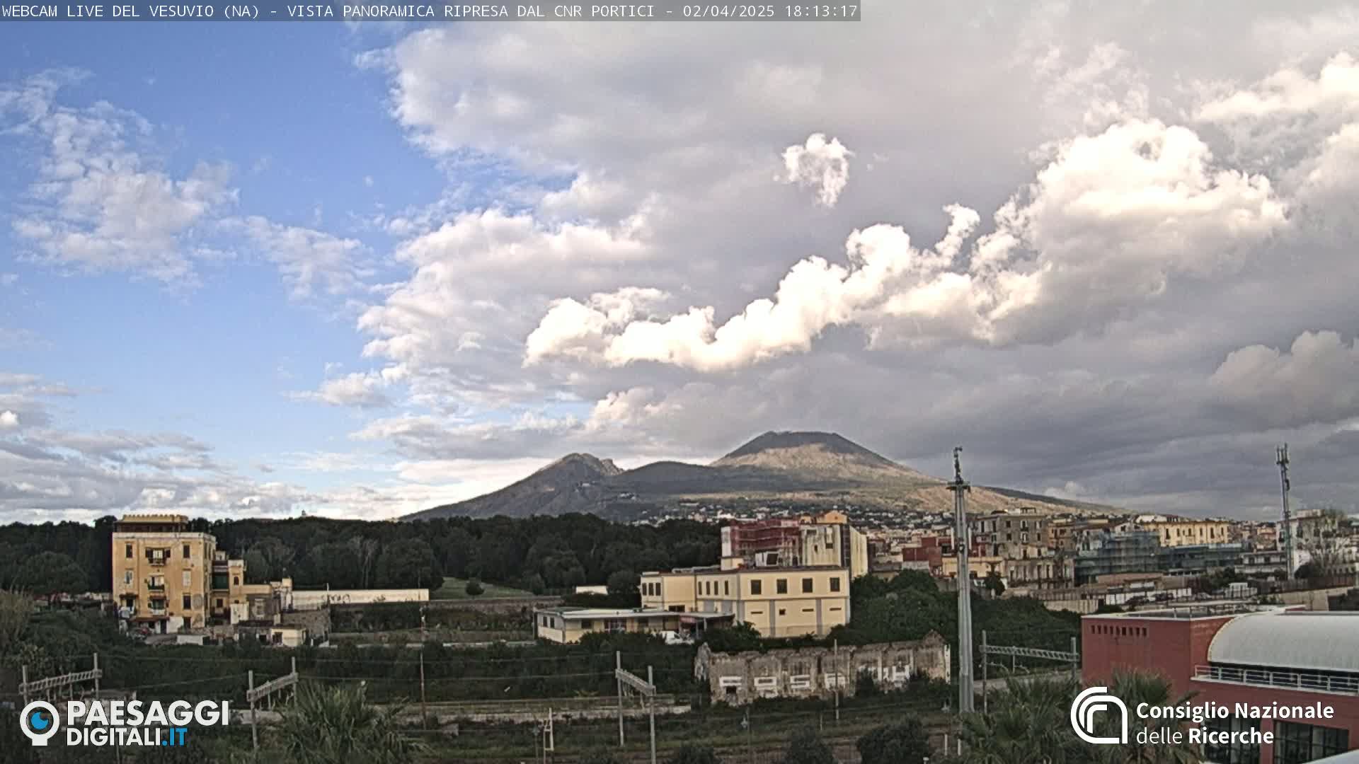 A partly cloudy sky overlooks a town with a volcano in the background.