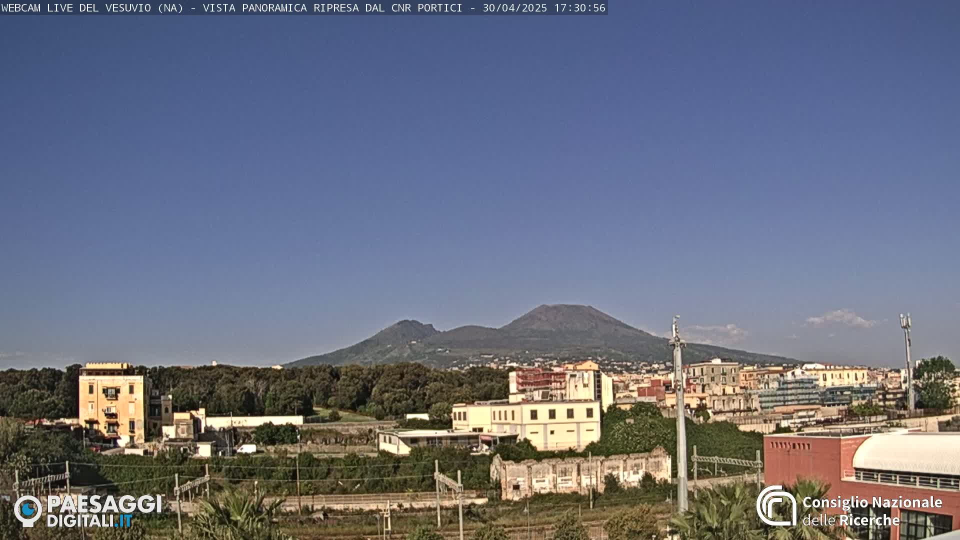 A clear, sunny day reveals Mount Vesuvius in the distance behind a sprawling cityscape with low-lying buildings and vegetation.