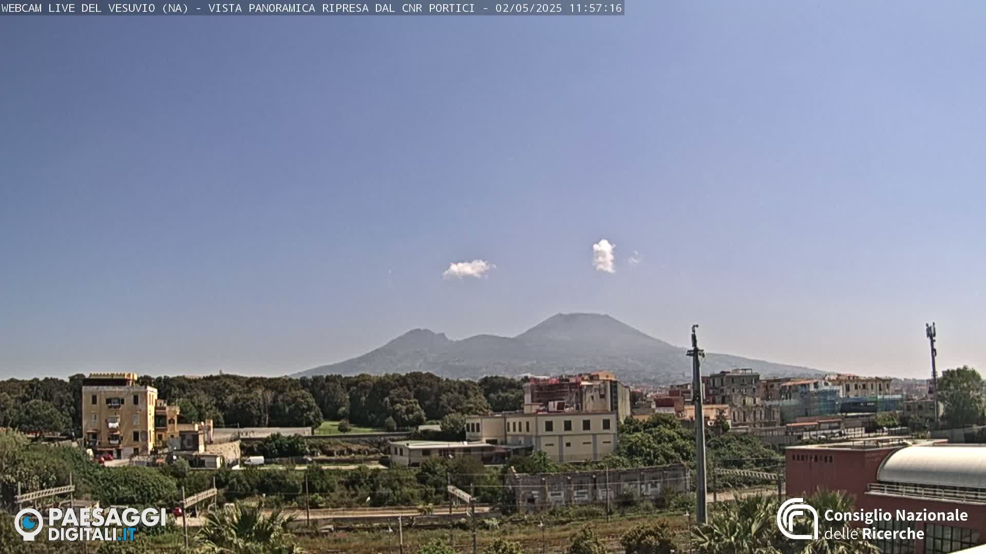 A distant, hazy view of Mount Vesuvius under a mostly clear, sunny sky, with a flat, vegetated foreground containing buildings and train tracks.