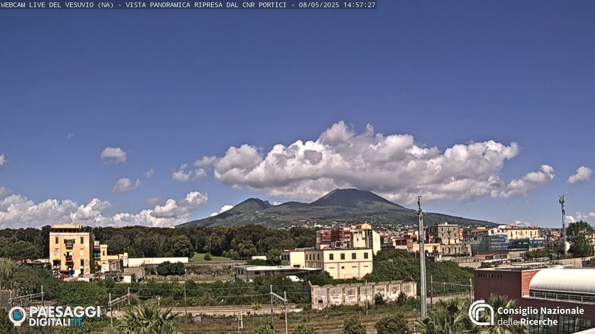 A partly cloudy sky overlooks a cityscape and Mount Vesuvius in the distance.