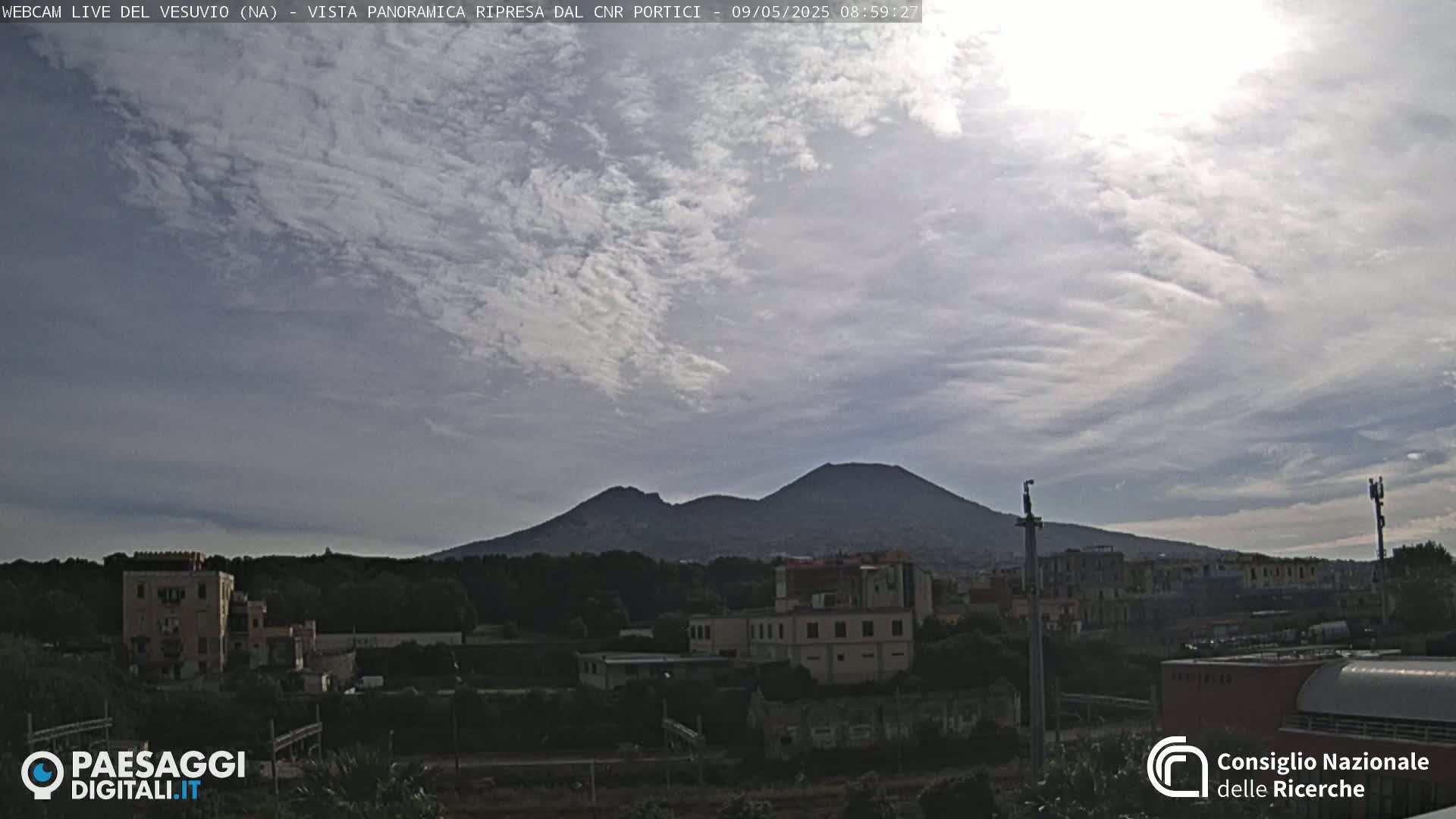 A partly cloudy sky overlooks a cityscape and the dark silhouette of Mount Vesuvius in the distance.