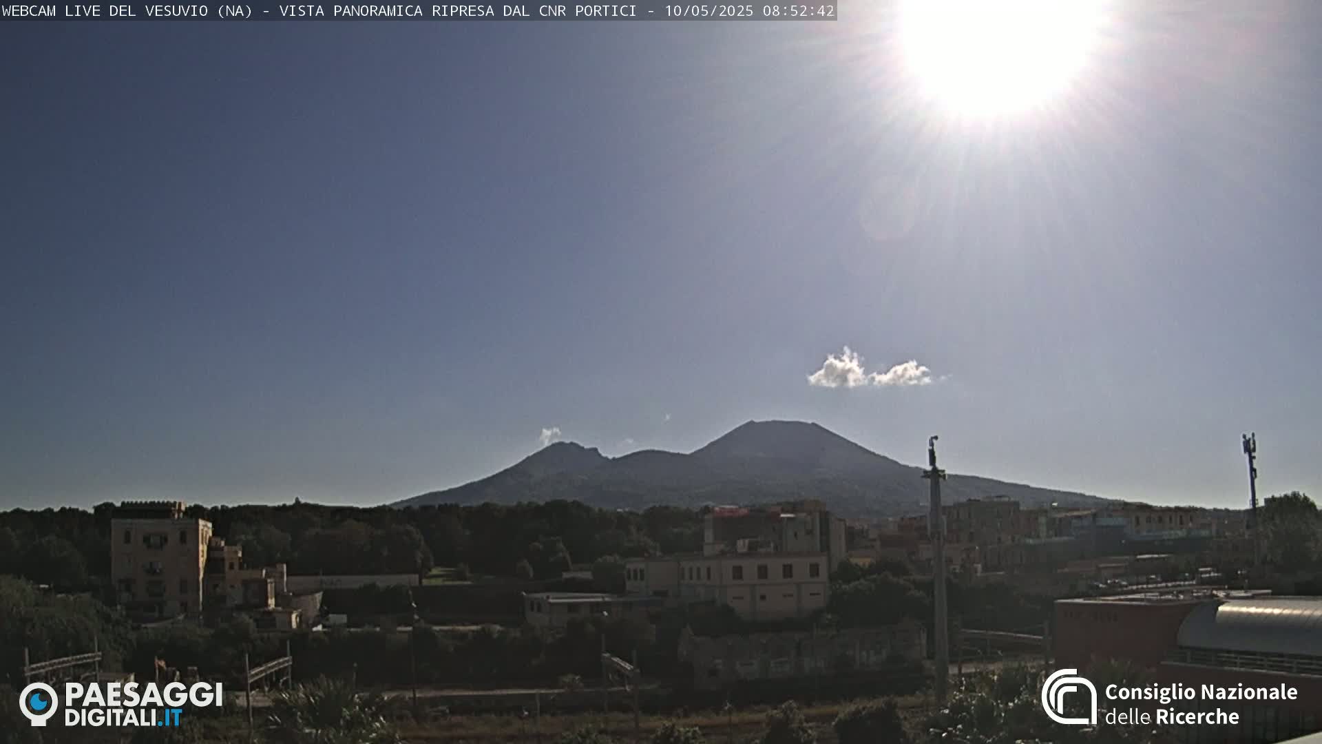A sunny day reveals Mount Vesuvius in the distance, overlooking a town with buildings and trees.