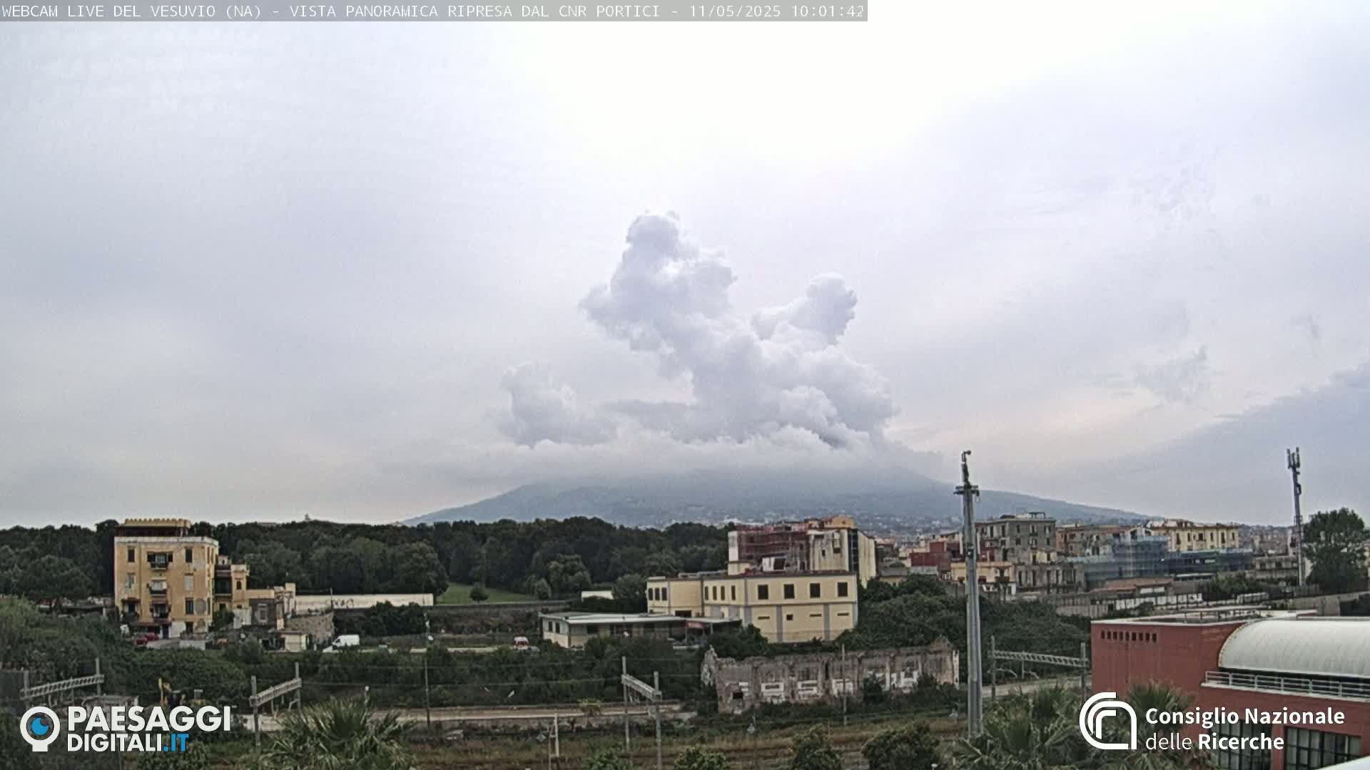 A large, fluffy cloud formation hangs over a distant mountain range, with overcast skies and a cityscape in the foreground.
