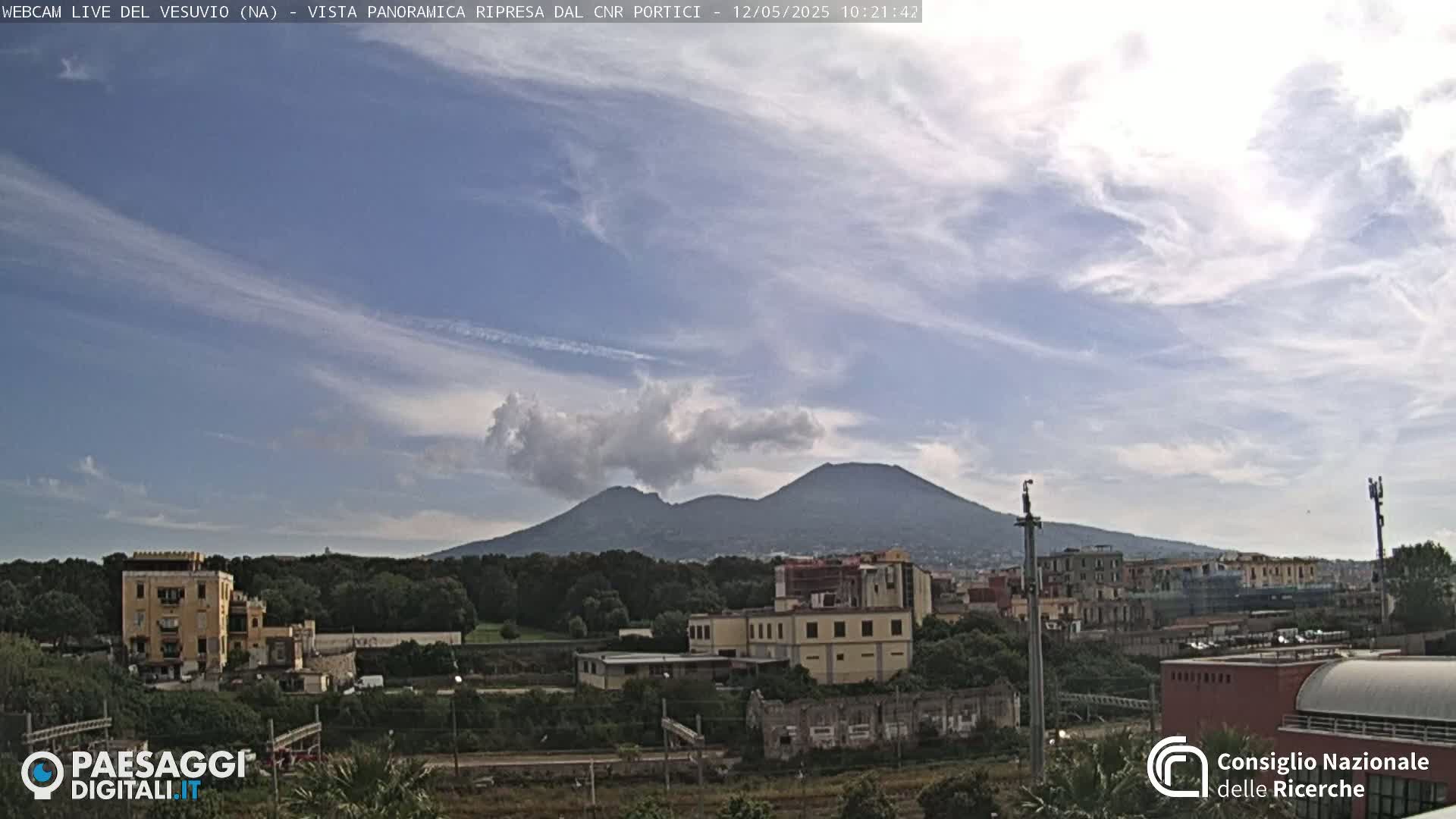 A partly cloudy day reveals Mount Vesuvius in the distance, overlooking a cityscape with buildings and trees.