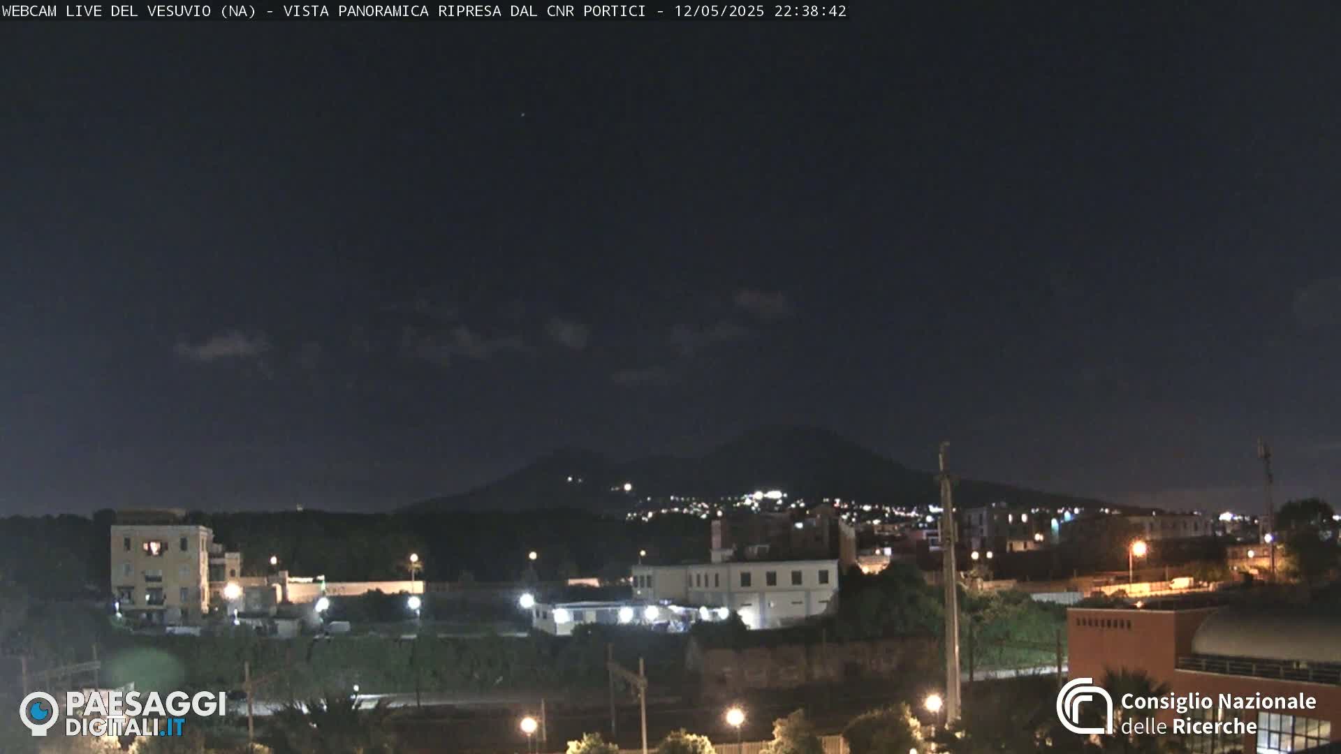 A nighttime, slightly cloudy view shows a city illuminated below a dark, distant volcano.