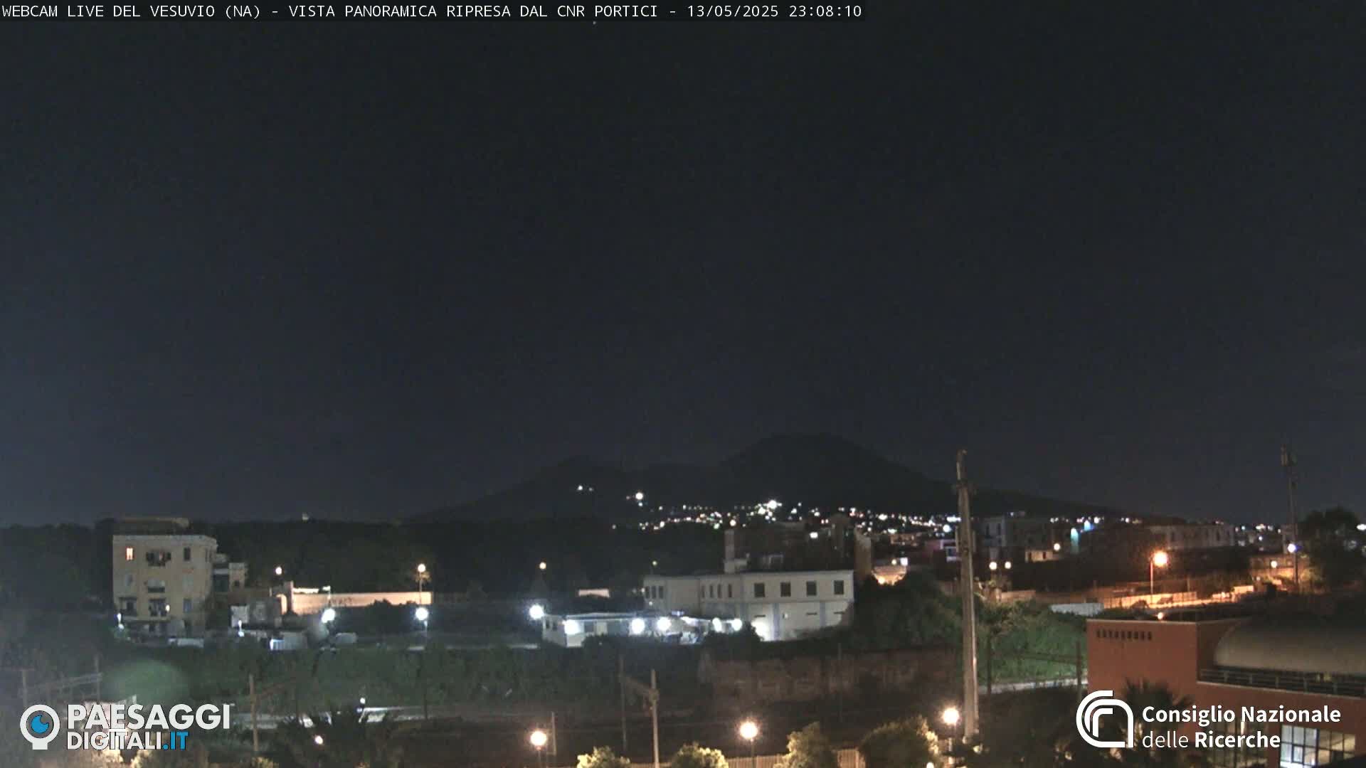 A nighttime long shot of a city with a volcano in the background under a clear, dark sky.