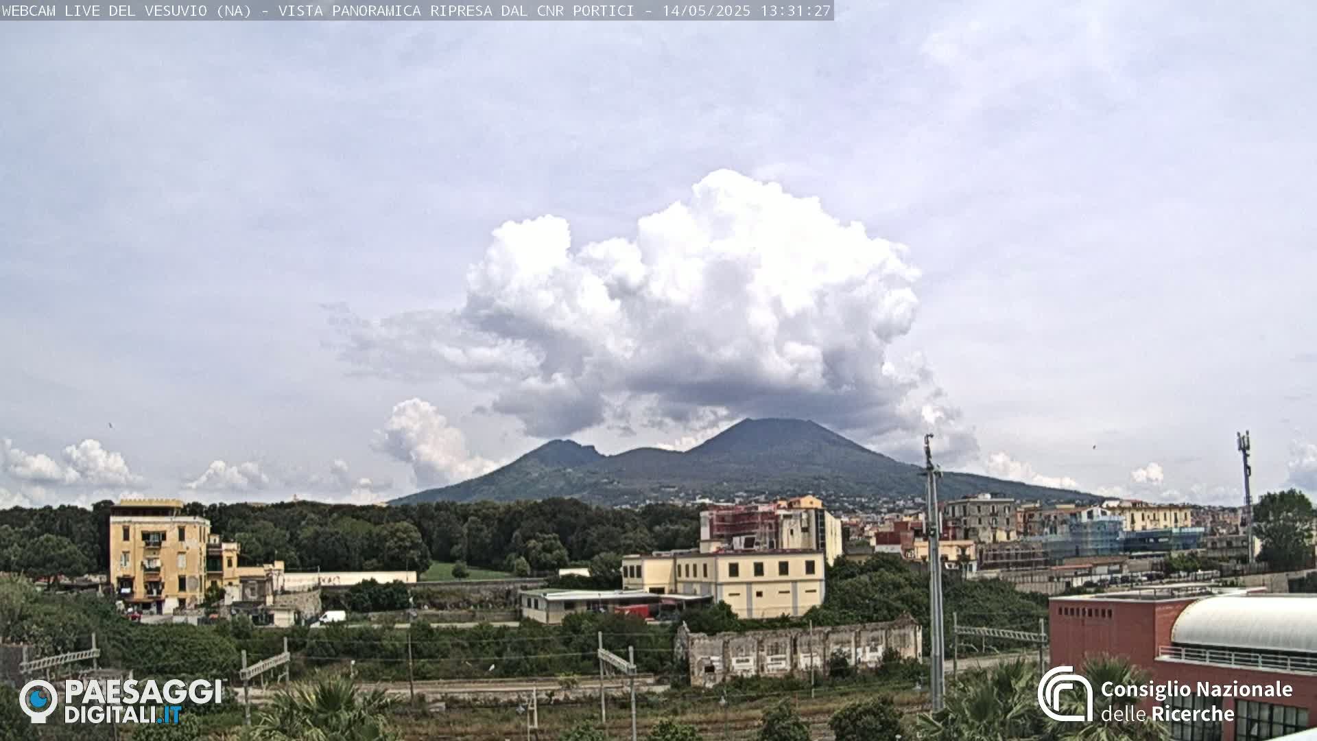 A partly cloudy sky over a city with Mount Vesuvius in the distance.