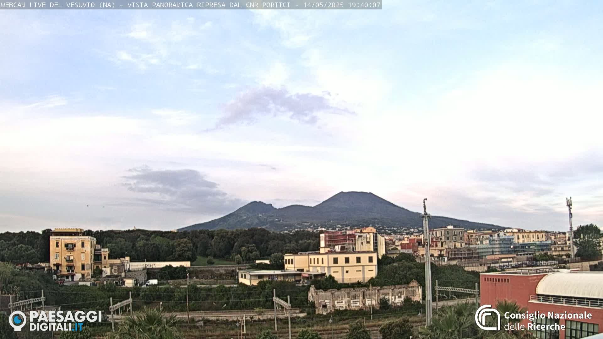 A view of Mount Vesuvius in the distance, under a partly cloudy sky, overlooking a town with buildings, trees, and railway tracks in the foreground.