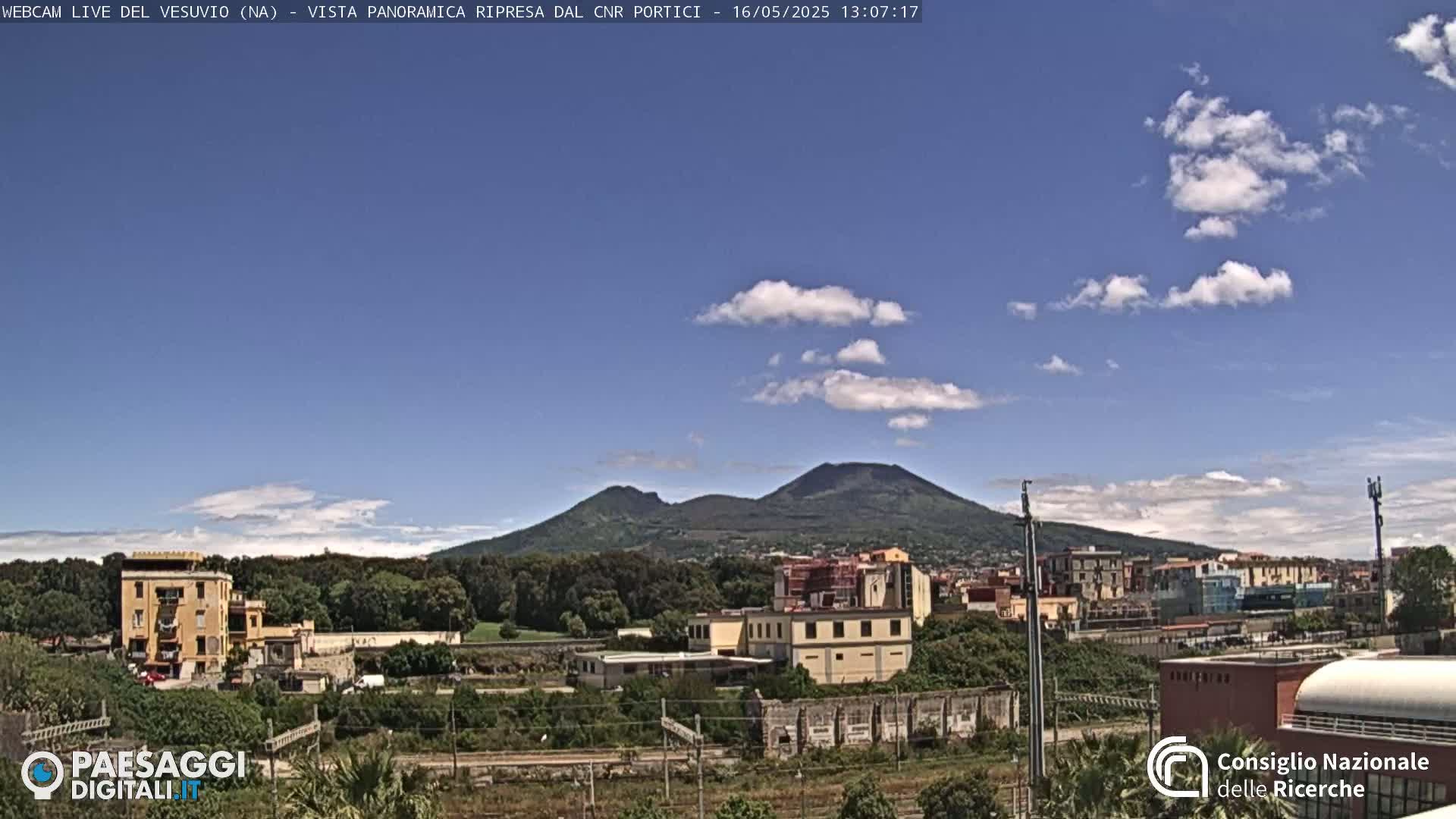 A partly cloudy day reveals a view of Mount Vesuvius in the distance, overlooking a town with buildings and lush green vegetation.