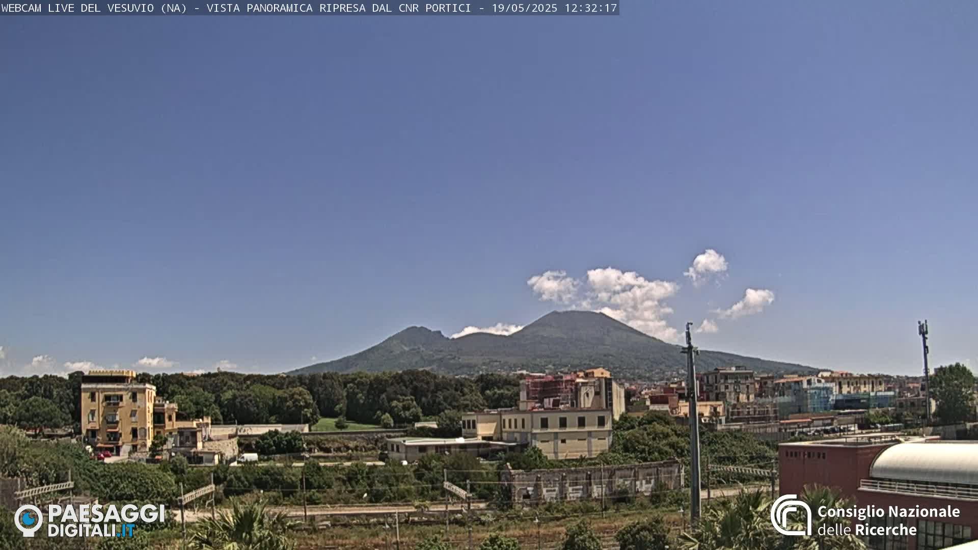 A distant view of Mount Vesuvius under a mostly clear blue sky with a few scattered clouds, overlooking a town with buildings and green vegetation.