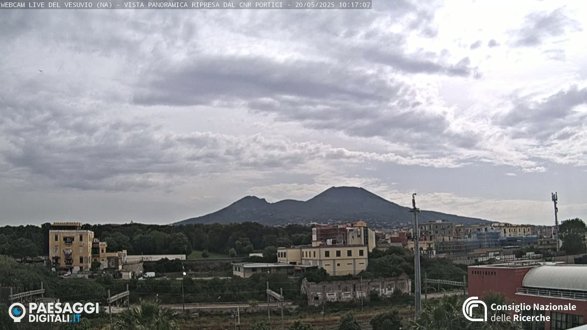 A view of Mount Vesuvius under a cloudy sky, with buildings and trees in the foreground.