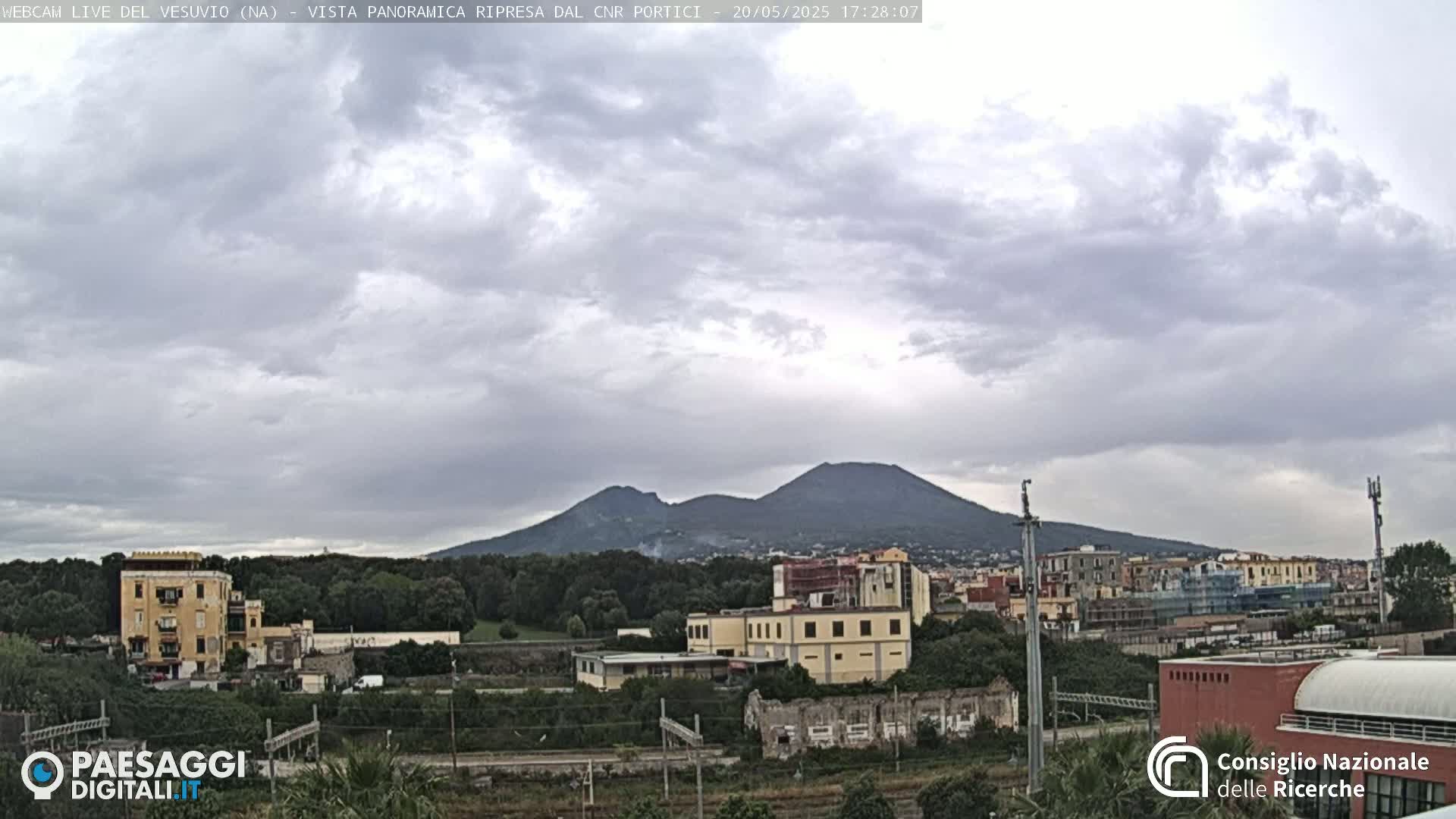 A distant view of Mount Vesuvius under a cloudy sky, with buildings and trees in the foreground.