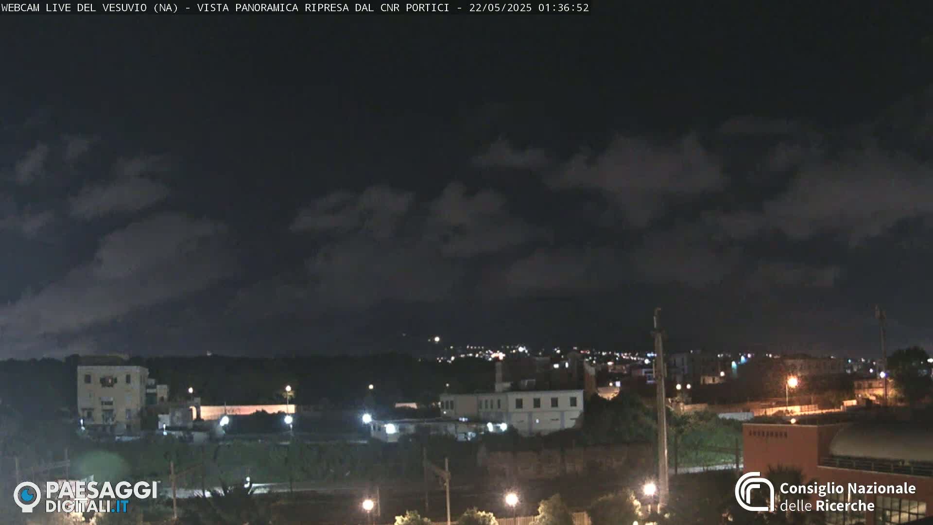 A nighttime, panoramic view of a town under a partly cloudy sky.