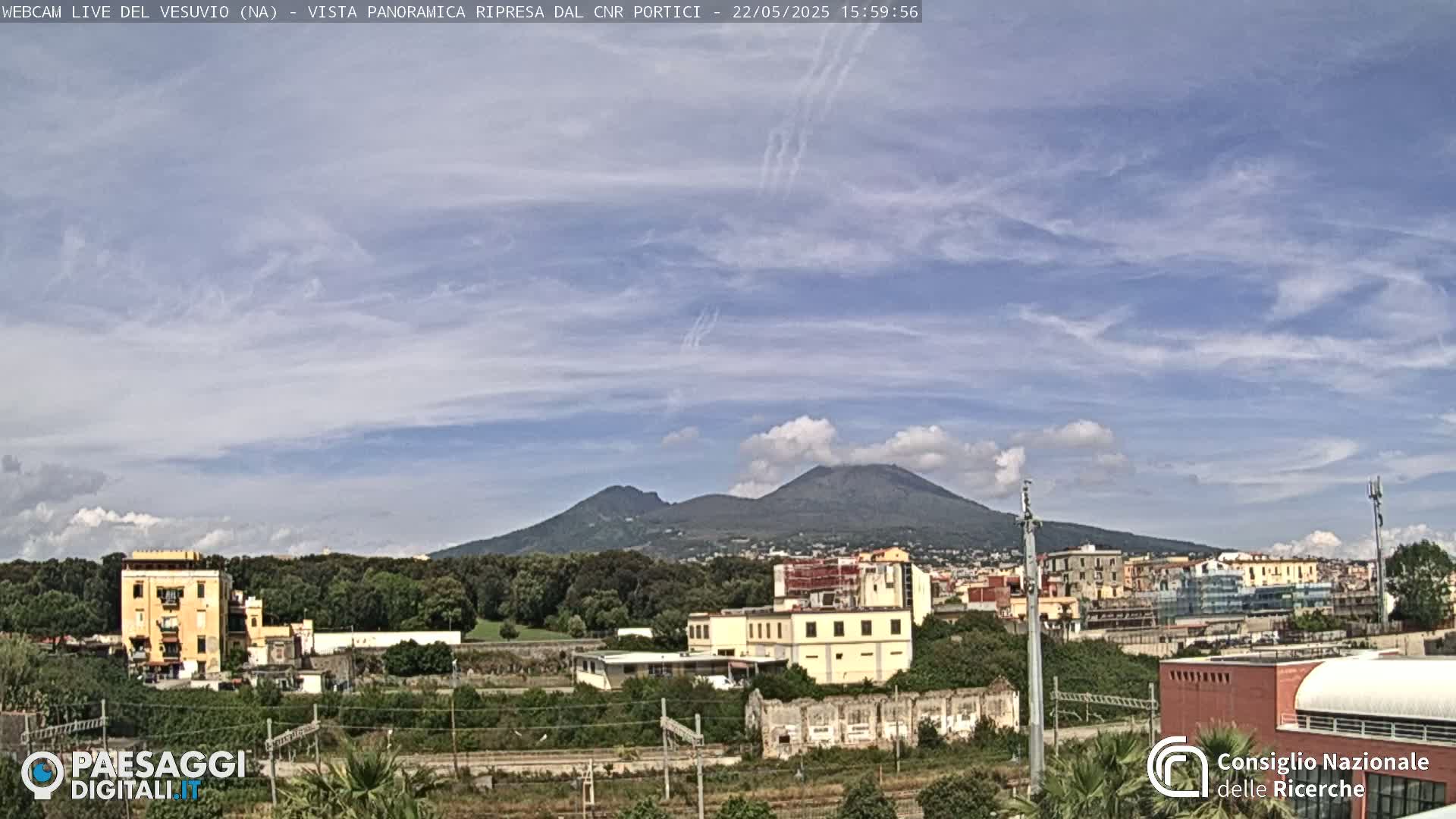 A partly cloudy sky displays wispy clouds over a distant, dark-grey volcano and a town with buildings, trees, and train tracks in the foreground.