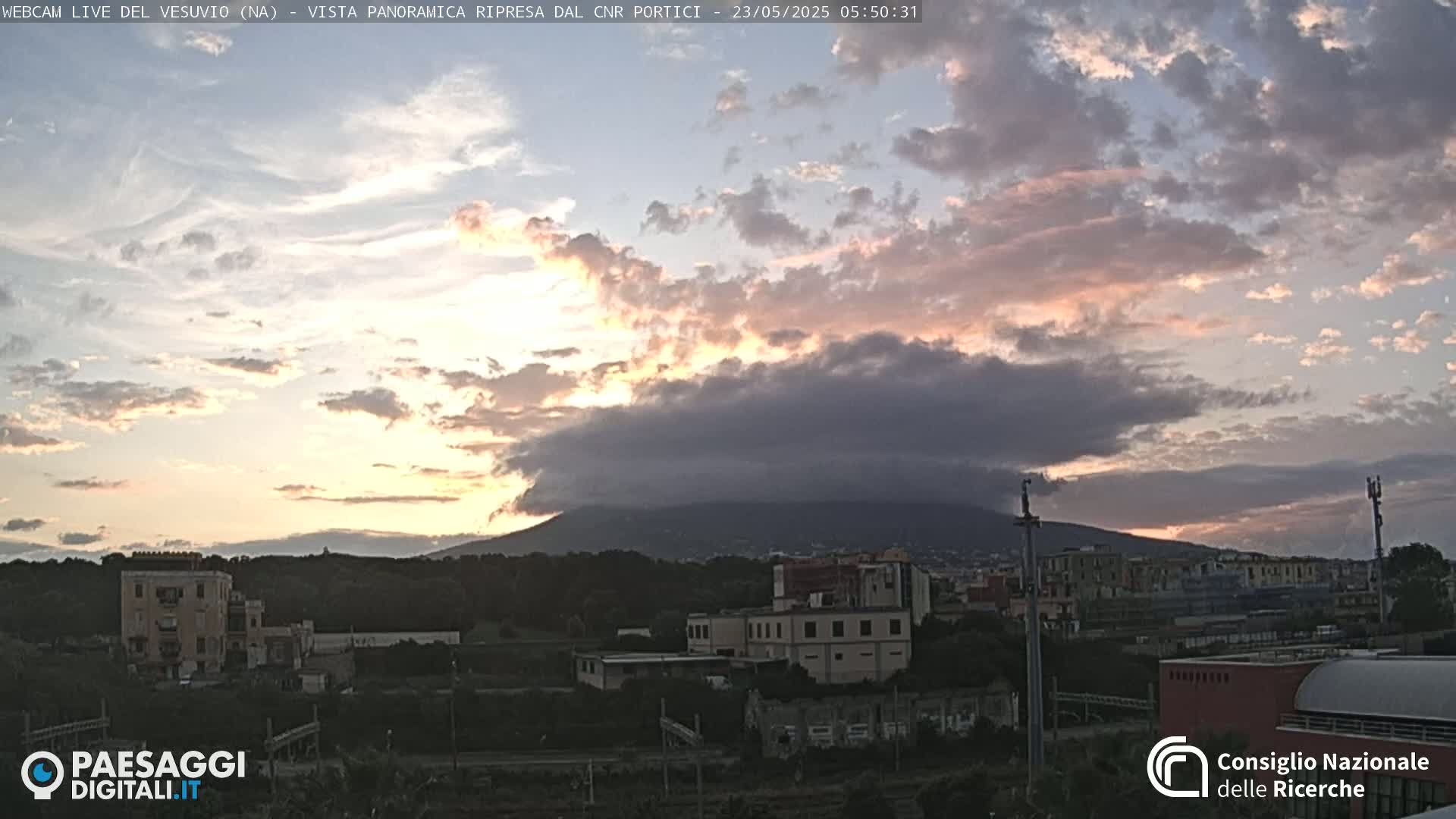 A partly cloudy sunset over a cityscape with a large mountain in the distance.