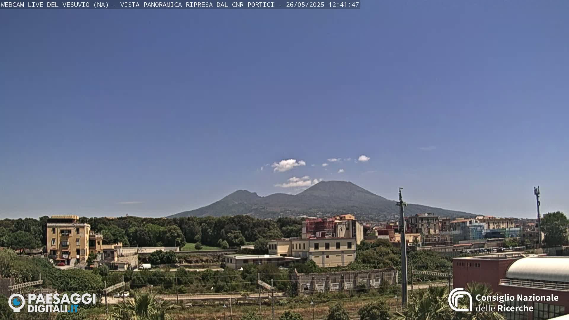 A long shot of Mount Vesuvius under a mostly clear blue sky, with a town and vegetation in the foreground.